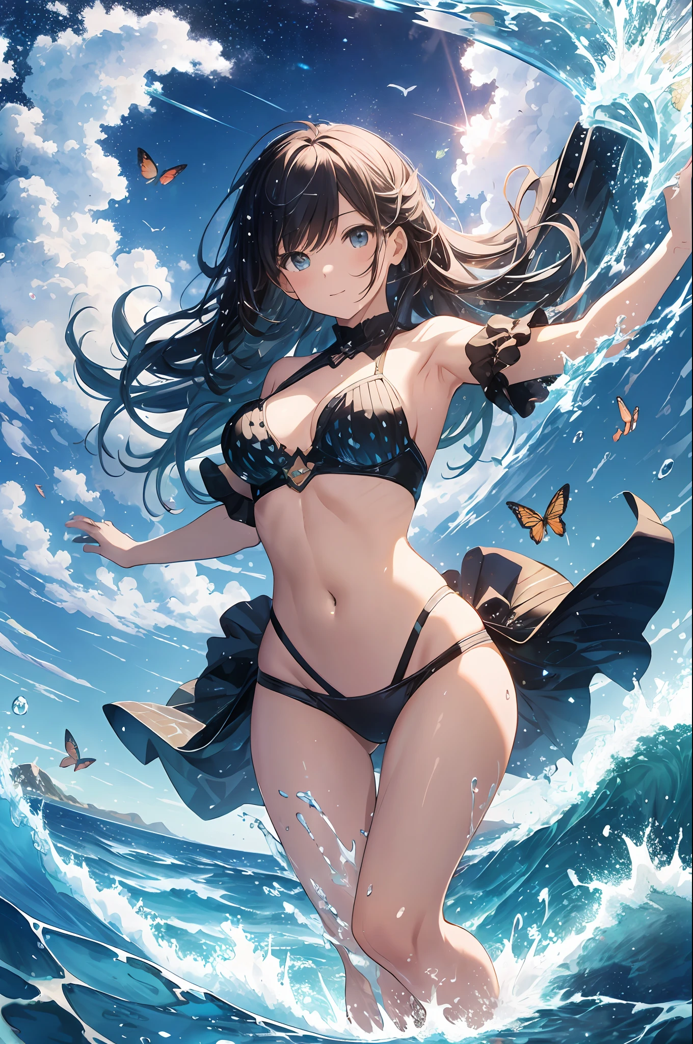 [(white background:1.5),::5] (isometric:1.0), 1girl, mid shot, full body, ocean, sea waves, water splashes, sky, light particles, butterflies, night, starry sky