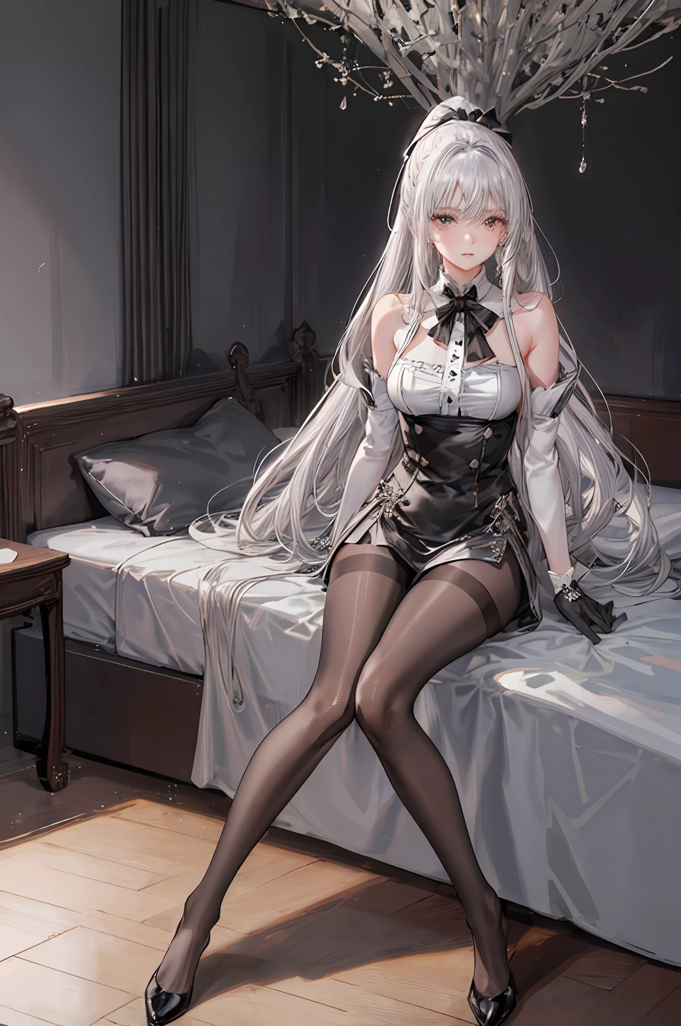 girl)), ray tracing, (dim lighting), [detailed background (bedroom)), ((silver hair)), ((silver hair)), (silver hair), (fluffy silver hair, plump and slender girl)) with high ponytail)))) avoiding blonde eyes in the ominous bedroom (((girl wearing intricately embroidered black high-waisted pants with pantyhose) and white ruffled bow gloves), showing a delicate slim figure and graceful curves, correct limbs, sitting on the bed
