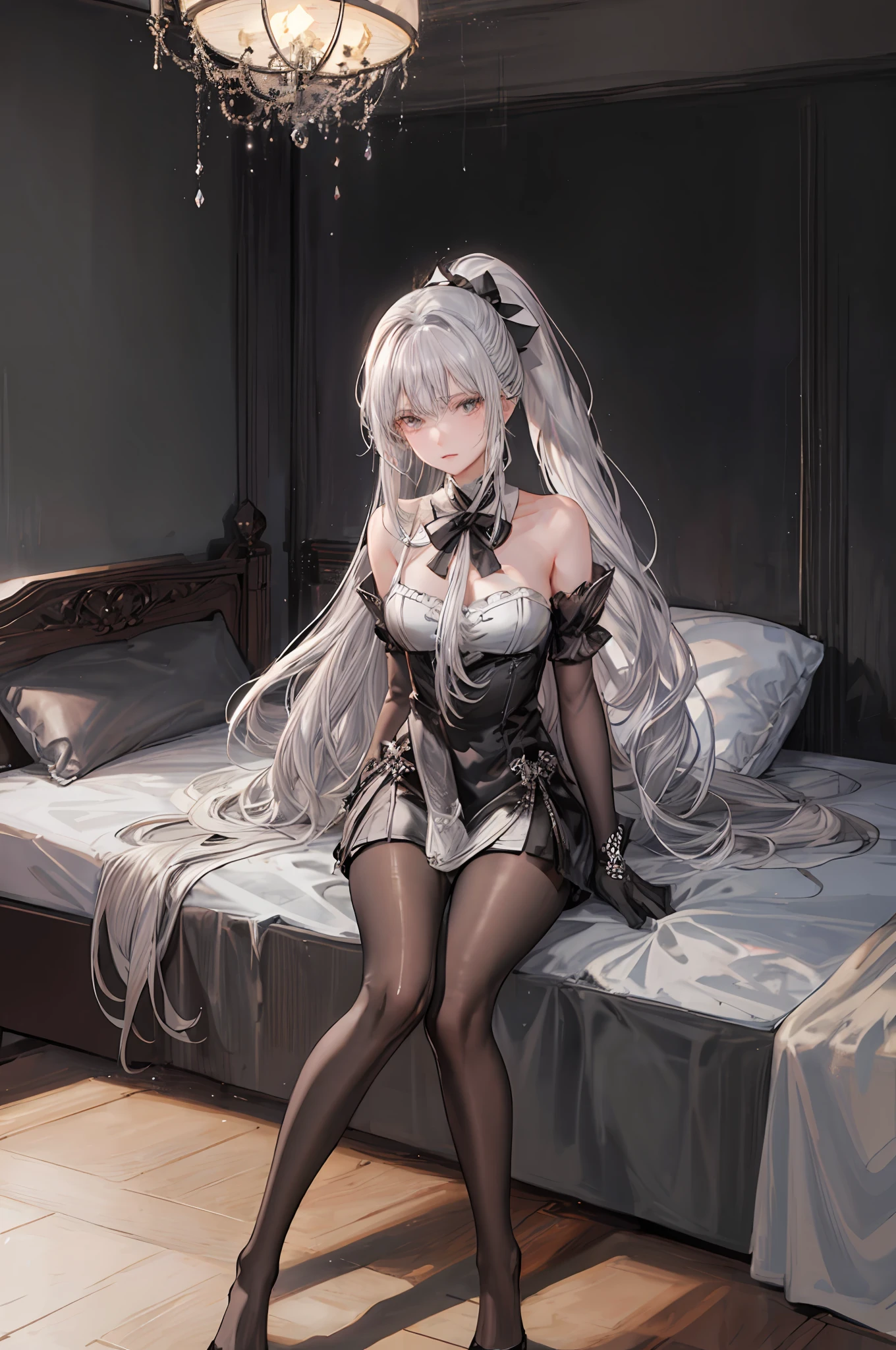 girl)), ray tracing, (dim lighting), [detailed background (bedroom)), ((silver hair)), ((silver hair)), (silver hair), (fluffy silver hair, plump and slender girl)) with high ponytail)))) avoiding blonde eyes in the ominous bedroom (((girl wearing intricately embroidered black high-waisted pants with pantyhose) and white ruffled bow gloves), showing a delicate slim figure and graceful curves, correct limbs, sitting on the bed