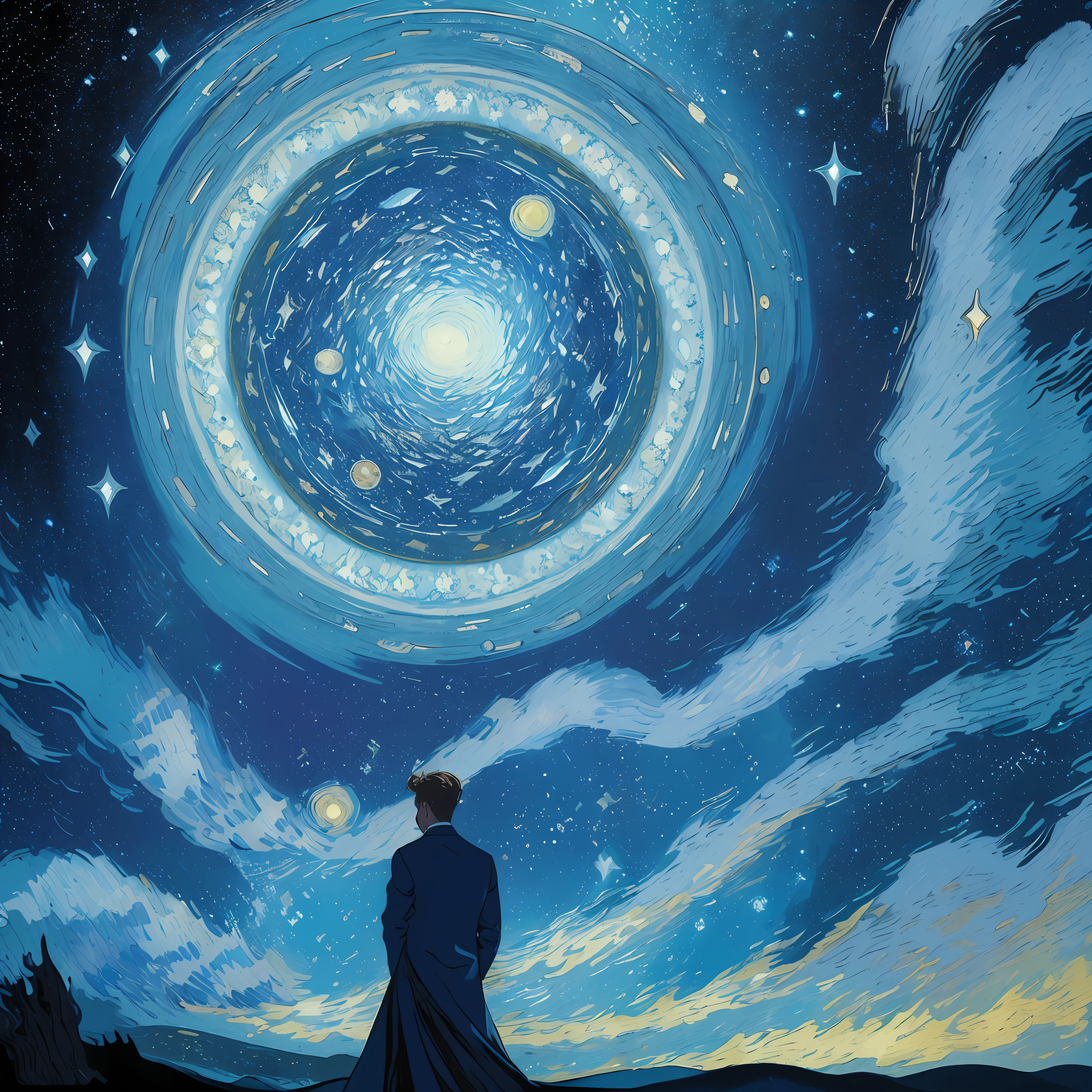 "(((best quality))),(((ultra detailed))),(((masterpiece))),artwork,"，"Starry Dimensions: A Journey through Van Gogh's Inspired Celestial Realms"，"Cosmic Voyage: A Transcendent Image in the Style of Van Gogh's Starry Night"，"Beyond Realms: A Dimensional Exploration in Van Gogh's Starry Sky Aesthetic"，"Celestial Dreams: A Van Gogh-Inspired Artwork of Otherworldly Dimensions"，"Starry Transcendence: A Dimensional Crossing in the Style of Van Gogh's Night Sky"，"Galactic Serenity: A Van Gogh-esque Image of Interdimensional Travel"，"Astral Odyssey: A Transcendent Journey through Van Gogh's Starry Universe"，"Nightscape Portal: A Van Gogh-Inspired Image of Dimensional Passage"，"Cosmic Reverie: A Van Gogh-Inspired Picture of Interdimensional Sojourn"，"Transcendent Starlight: A Journey through Van Gogh's Celestial Dimensions"。
