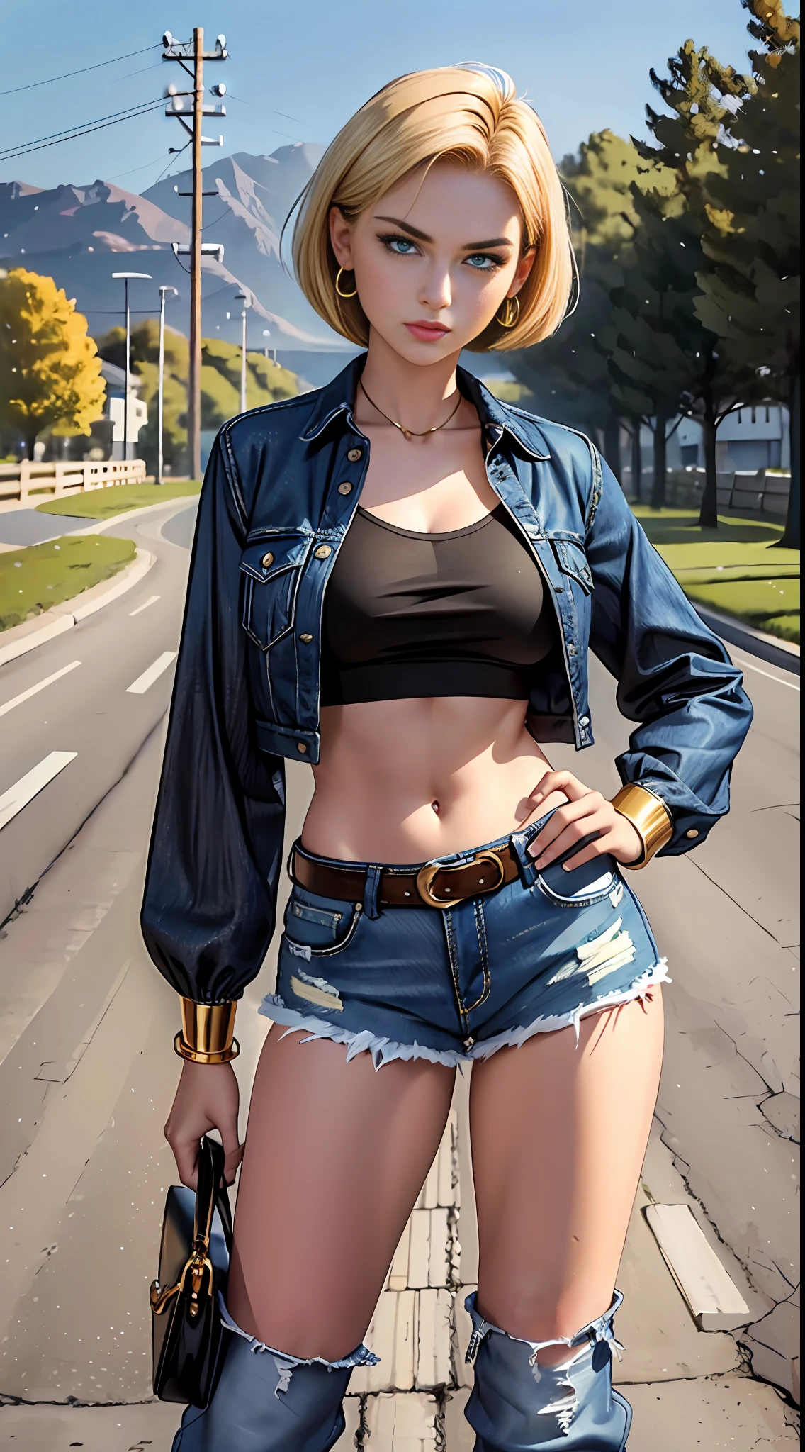 20-year-old woman, (android_18), (perfect face), well-defined chin, beautiful lips, (short gold straight Bob haircut), (beautiful bright blue eyes), (perfect anatomy), sports body, (sexy), (perfect hands), (hands on waist), small simple gold earrings, (black shirt without buttoned blue denim vest), (long white striped sleeves), (denim skirt), (black pants), (medium shot photo), (country background), realistic, Full body, full body photo