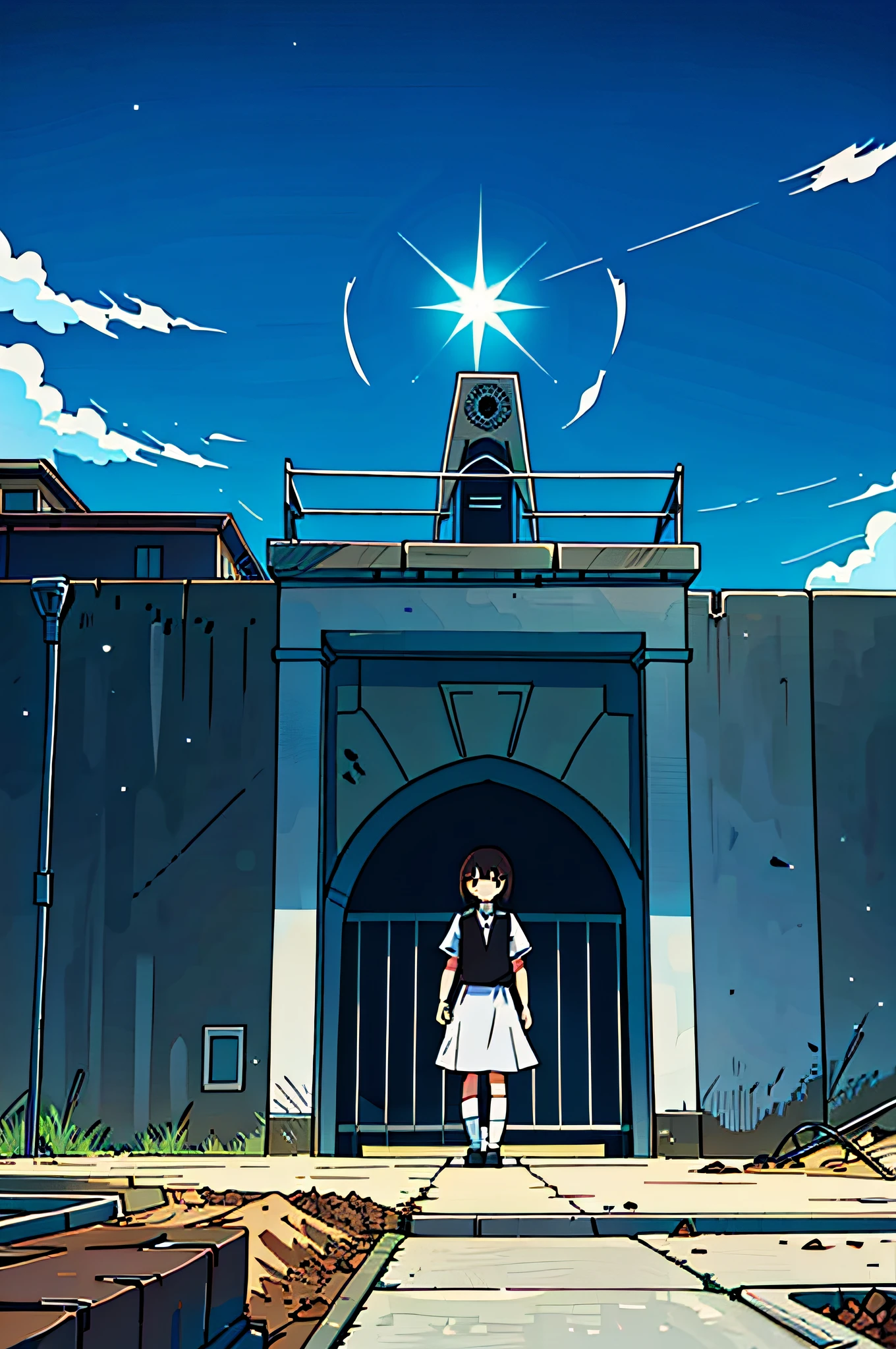 (best-quality:0.8), (((no humans))), broken introspective perfect anime illustration, front view, a gothic jail with an empty dirt carpark in front