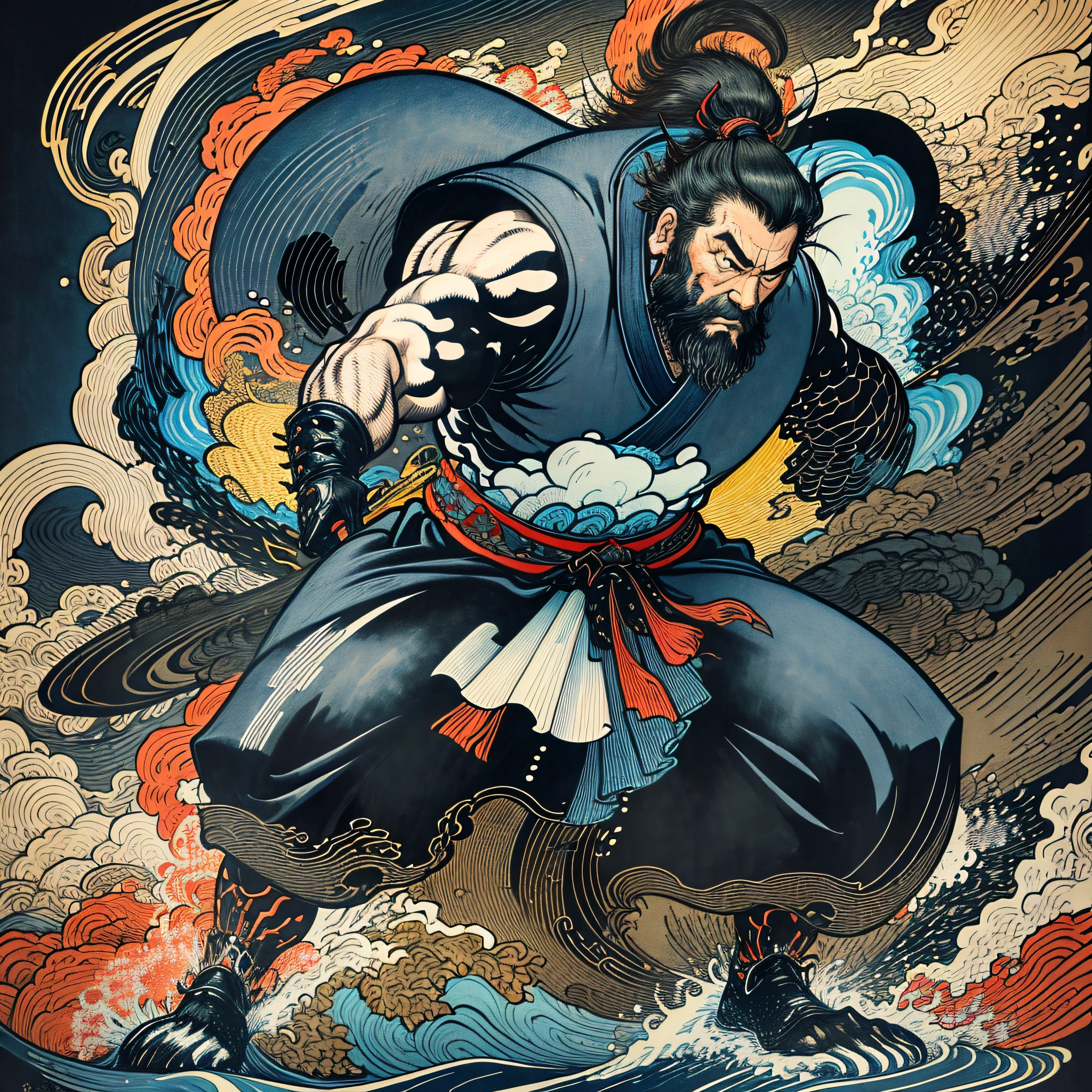 It is a full-body painting with natural colors with Katsushika Hokusai-style line drawings. The appearance of swordsman Miyamoto Musashi fighting with a large body like a strongman. Samurai of Japan. He has a dignified yet manly expression of determination, short black hair, and a short, trimmed beard. About the age of 20s. His upper body is covered in a black kimono and his hakama is knee-long. In his right hand he holds a Japan sword. In the highest quality, in the midst of the masterpiece's high-resolution ukiyo-e style lightning and swirling flames, Miyamoto Musashi stands facing the front, standing in Nioh