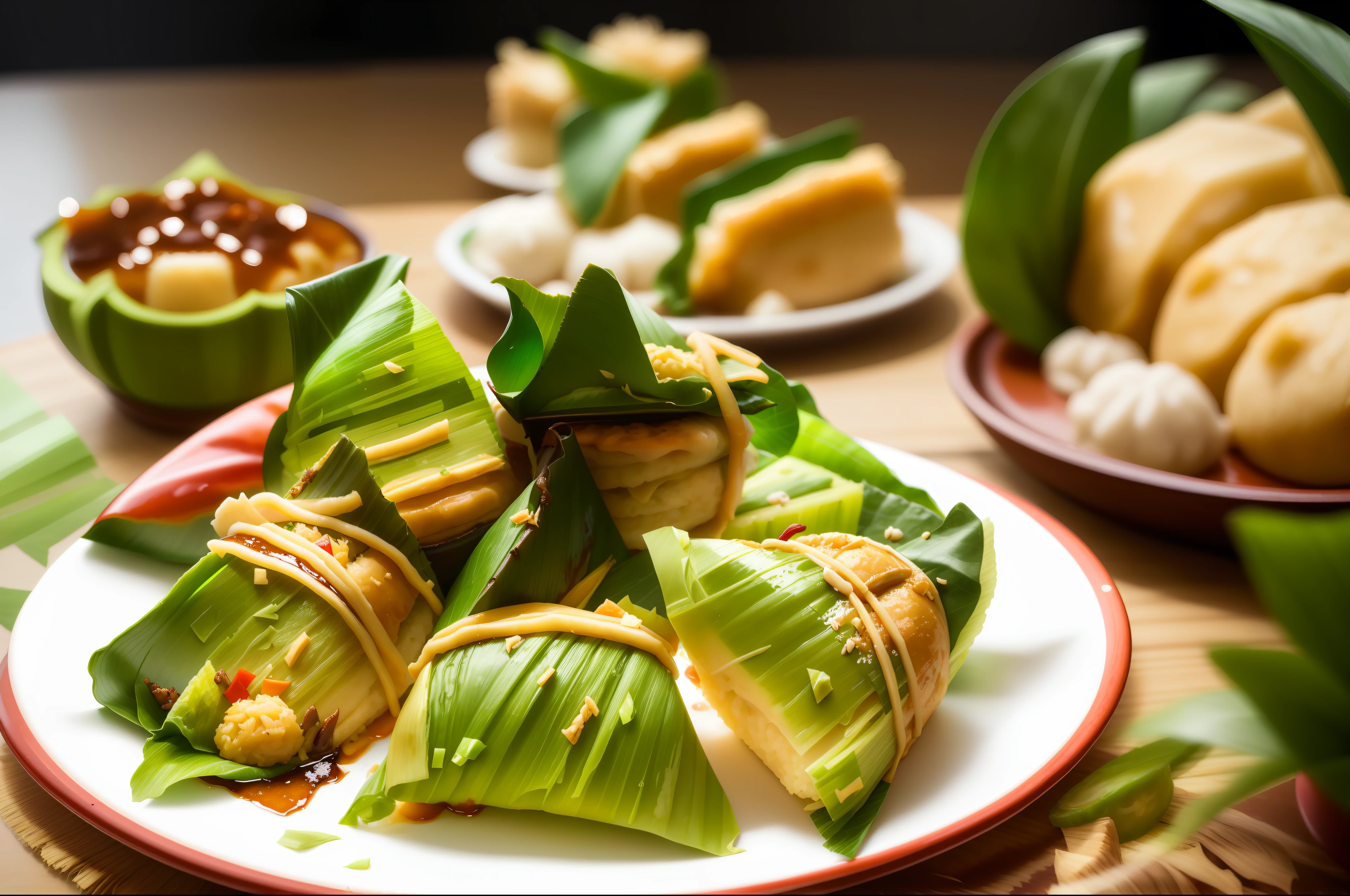there are many small pieces of food wrapped in banana leaves, yummy, rice, bao pnan, dumplings on a plate, recipe, version 3, sichuan, bao phan, in style of thawan duchanee, green, cake, by Alice Mason, holiday, food, traditional chinese, dessert, sweet, crisp and sharp, palm, easy, chinese, snacks