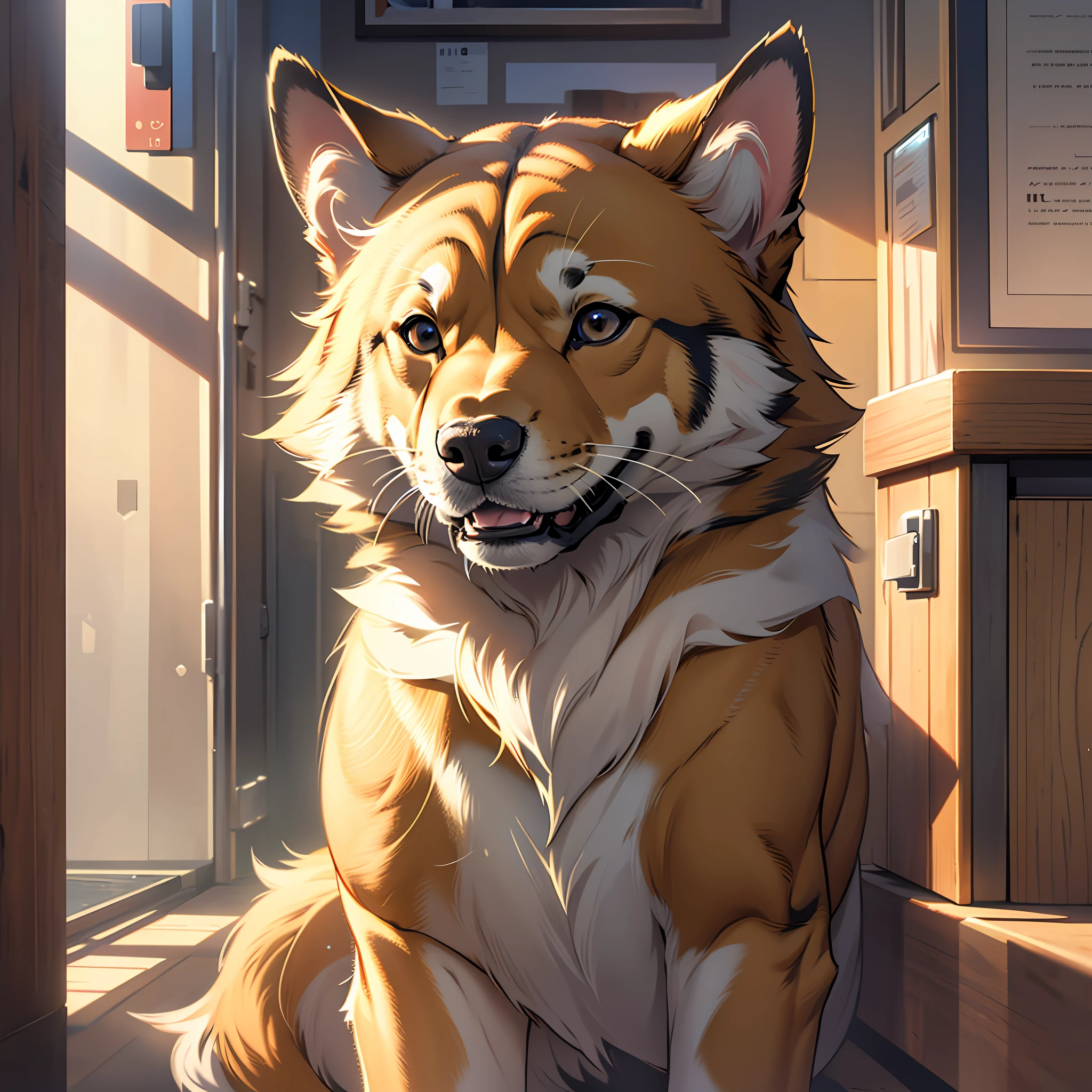 dog, small, healing, smile, very elaborate CG Unity 8K wallpaper, ultra high resolution, 8K RAW, (photorealistic: 1.4), golden hour lighting,