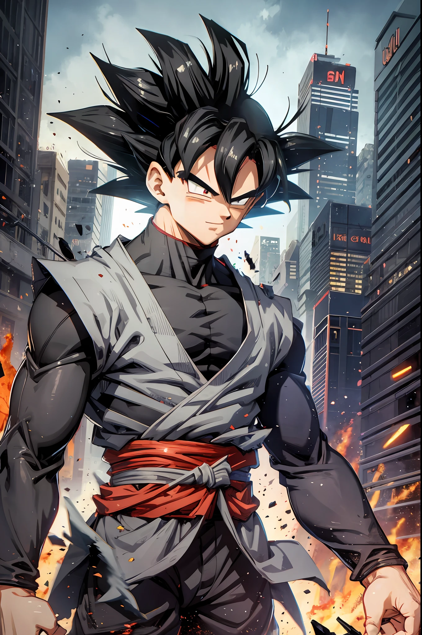 1boy,Goku black,black and red gi,Goku black,black hair,slim,smile, destroyed city,highest quality digital art, Stunning art, wallpaper 4k,8k,64k, HD, unparalleled masterpiece, dynamic lighting, cinematic, epic