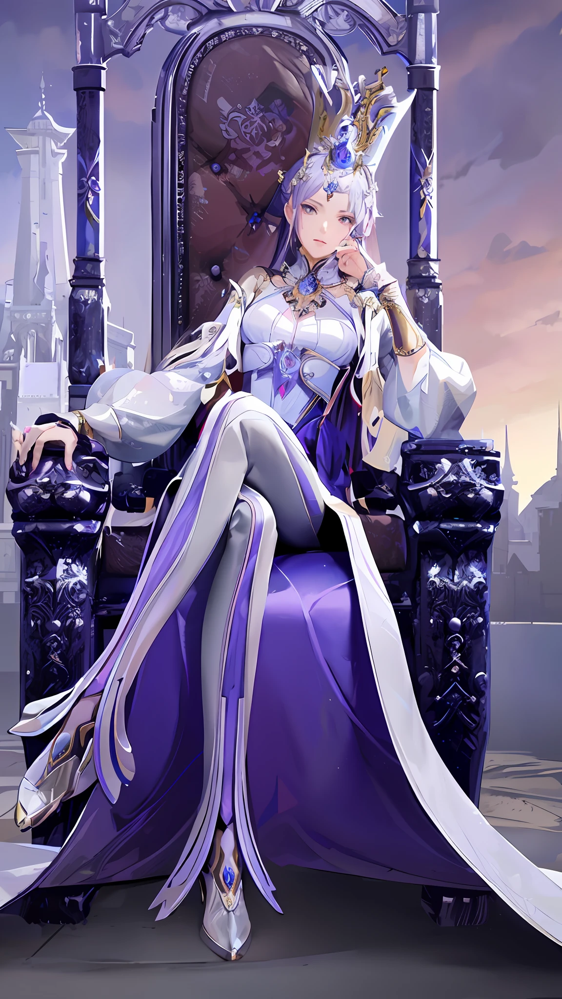 anime - style image of a woman sitting on a throne with a sword, a beautiful fantasy empress, sitting on her throne, ((a beautiful fantasy empress)), on her throne, royal elegant pose, sitting on intricate throne, sitting on the porcelain throne, perched on intricate throne, sitting on a throne, beautiful alluring anime woman, beautiful and elegant elf queen