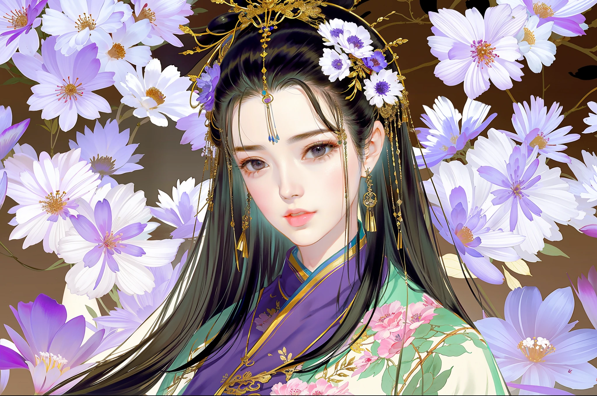 An ancient Chinese beauty, Yingluo Huanpei, dignified temperament, flowing long skirt, clear face, beautiful eyes, purple myrtle, masterpiece, super detailed, epic composition, super HD, high quality, highest quality, 32k