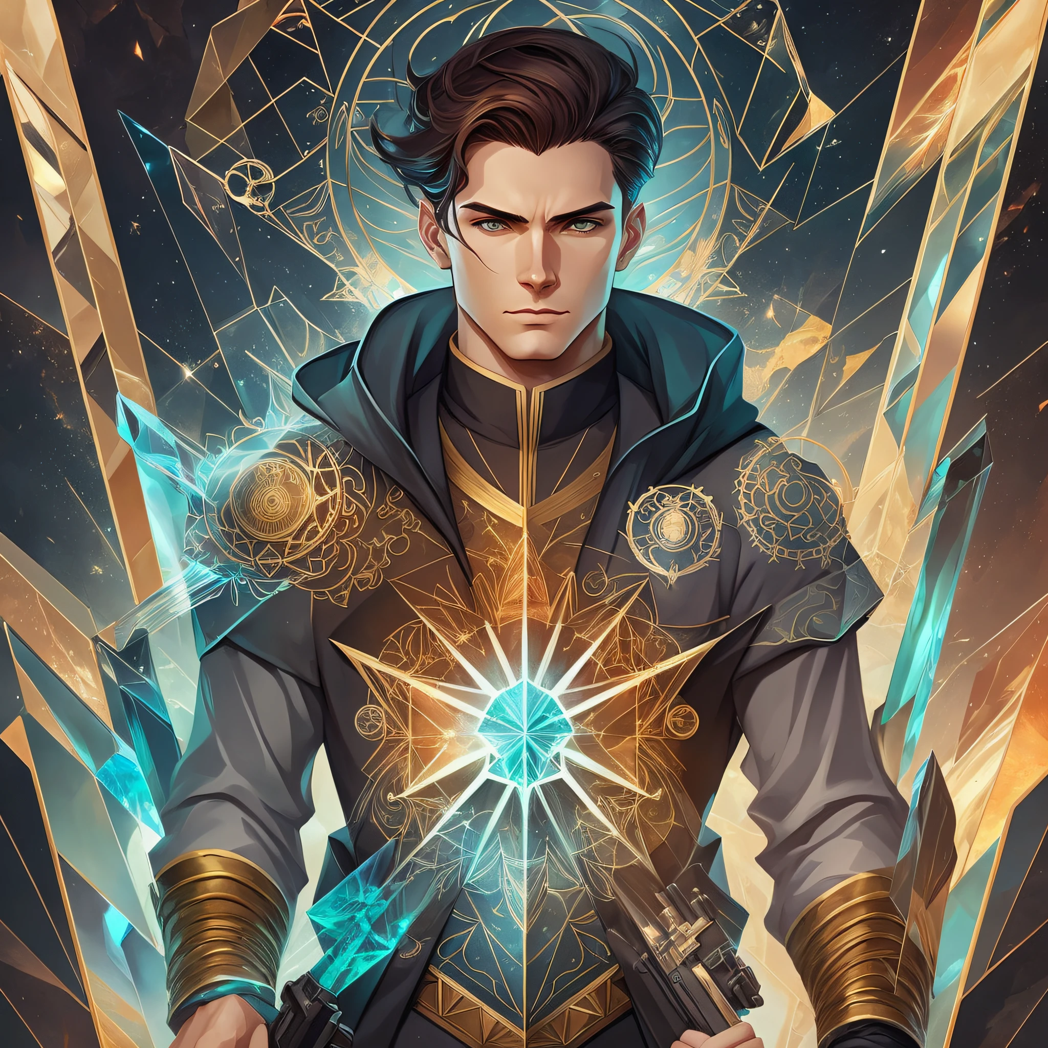 Charlie Bowater style of male Zodiac Master with Gun of Crystal, Magma Chamber, Abstract, Geometric, intricate and detailed --auto --s2