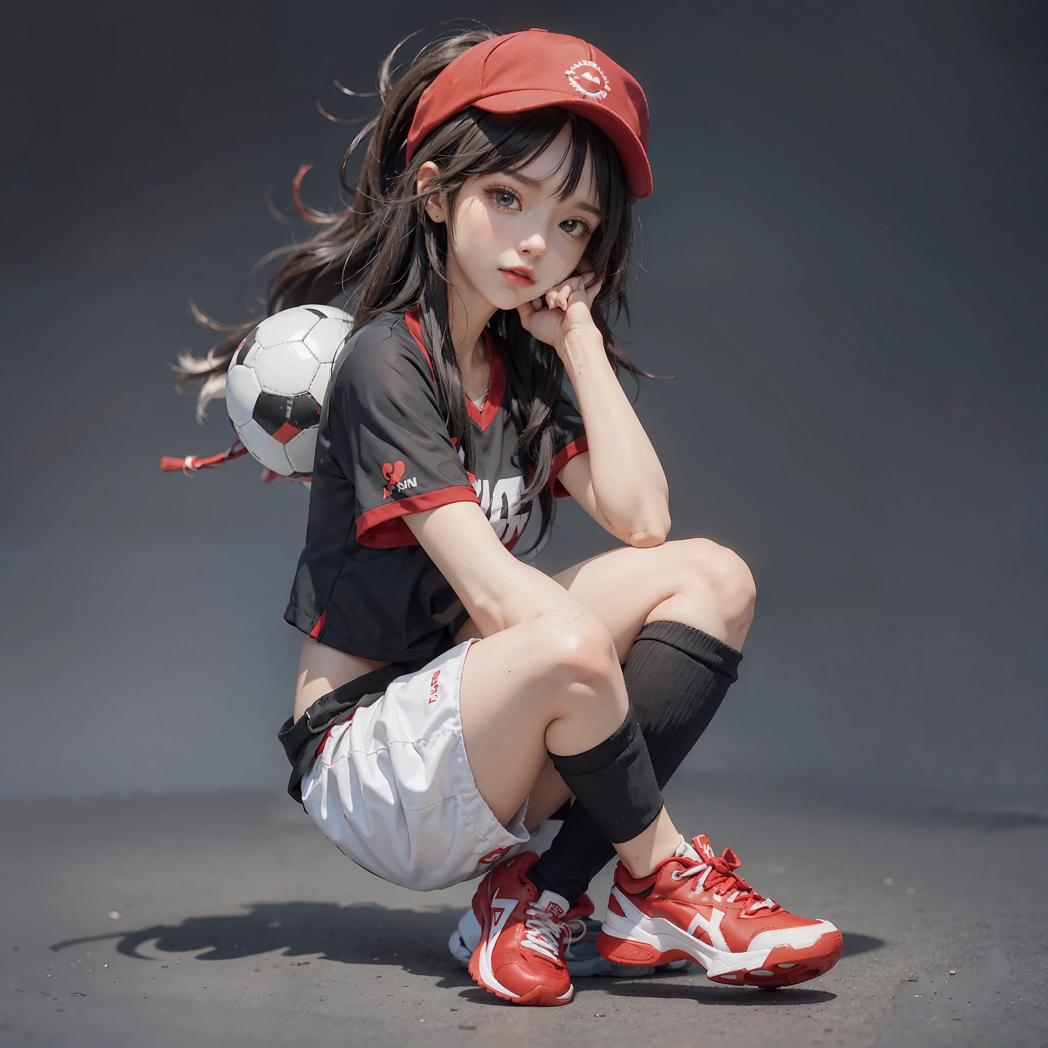 3d Wear a red and white hat Like Red in Pokemon Hold down your hat with your hands Cover half of your face Black hair Slightly longer hair Wear gloves One foot on a soccer ball Wear sneakers Have Pikachu on your shoulder --auto --s2