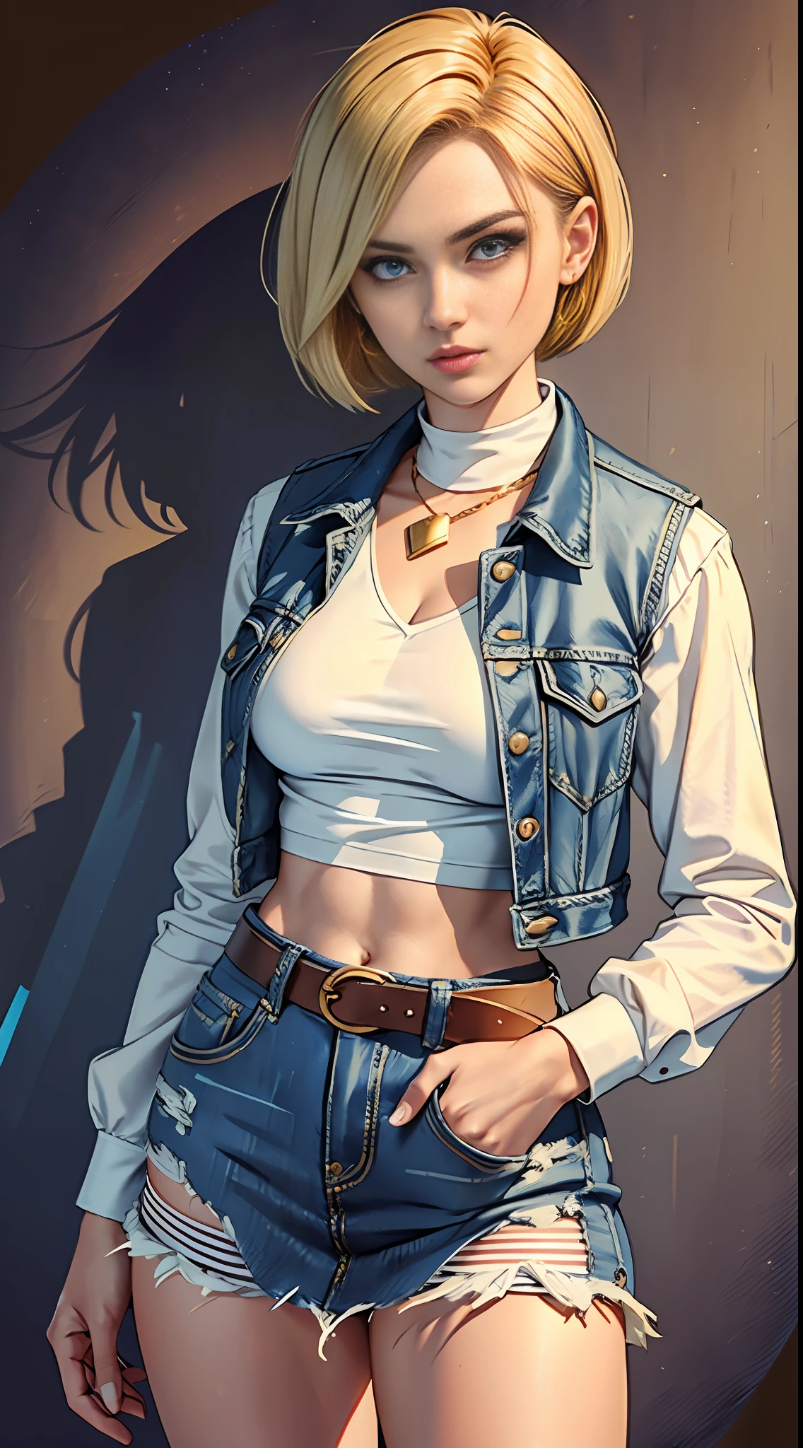 20-year-old woman, (android_18), (perfect face), well-defined chin, beautiful lips, (short gold straight Bob haircut), (beautiful bright blue eyes), (perfect anatomy), sports body, (perfect hands), (hands on waist), small simple gold earrings, (blue denim vest without buttons under white shirt), (long white striped sleeves), (denim skirt), (manor background), realistic, full body, full body photo