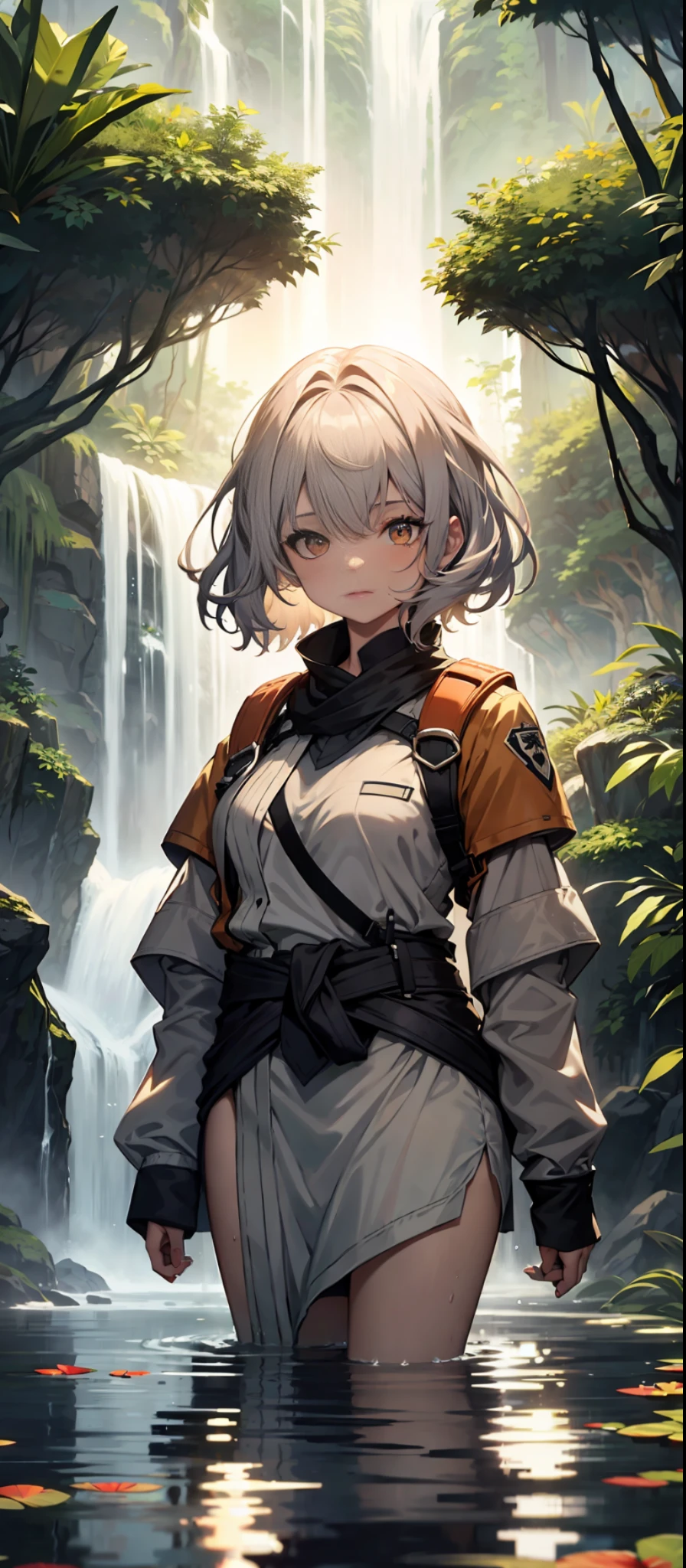 In the pond below the waterfall, 1 beautiful girl, short hair with long locks, standing, (broken) ((JK uniform)), drenched, drenched, curvaceous, various poses, {{illustration}}, {extremely delicate and beautiful}, {delicate makeup}, ultra-detailed, delicate glowing eyes, {{cinematic light}}, high quality, masterpiece, forest, waterfall, pond, delicate facial features, delicate hair portrayal, delicate eye portrayal, masterpiece , highest quality, ray tracing, extremely detailed CG unity 8k, wallpaper, masterpiece, half body, upper body