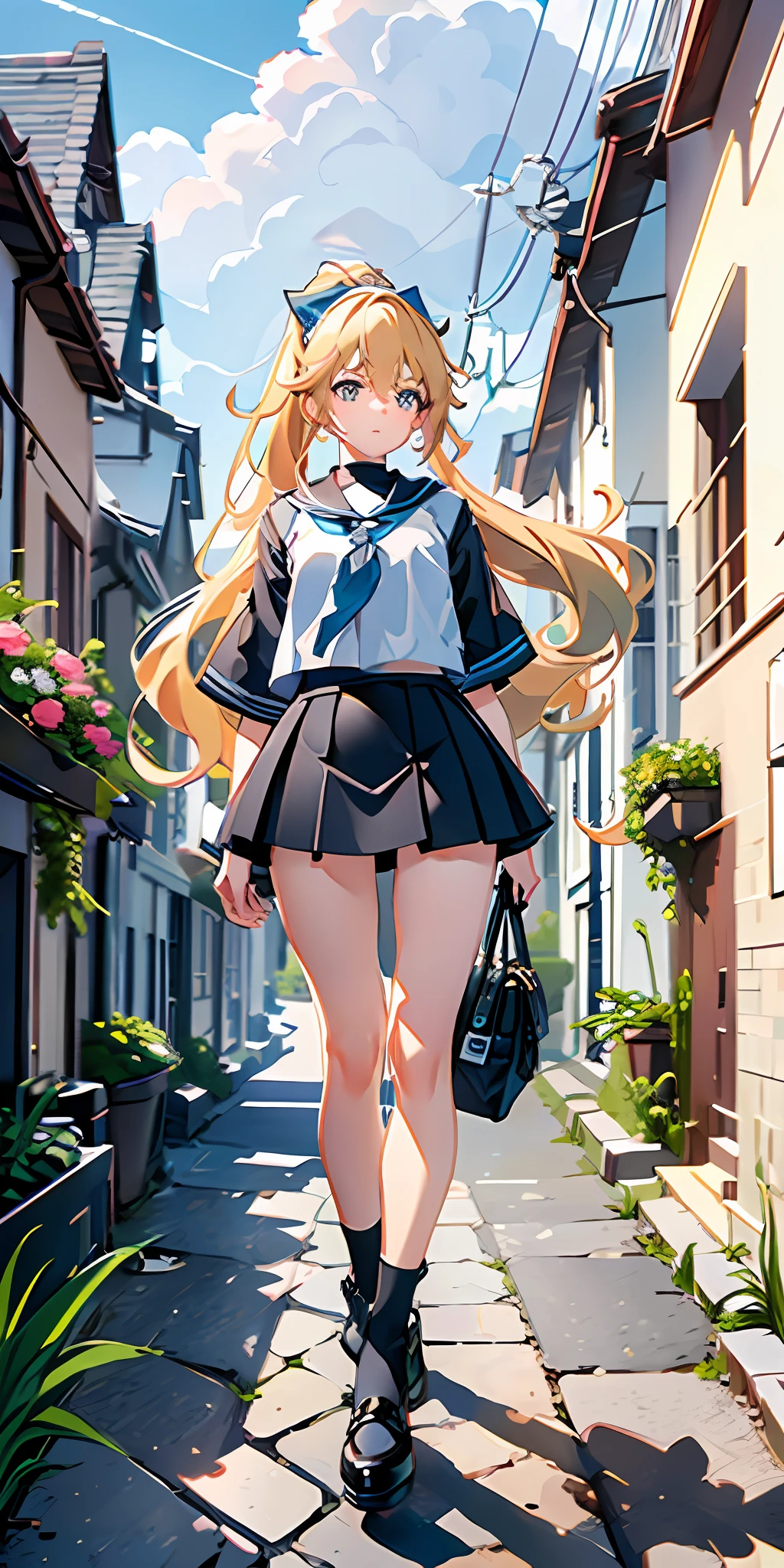 Girl, double ponytail, tsundere expression: 1.2, long blonde hair, delicate details of facial features: 1.2, blue pupils, black miniskirt, white top, solo, sailor suit: 1.5, Japanese bag in both hands, black leather shoes, no socks, 8K, highest quality, masterpiece, bright, medium view, full body, facing the audience, white background, outdoors, blue sky and white clouds, town streets, overgrown plants, super high resolution, stone brick road, day, afternoon, sunlight, bright texture