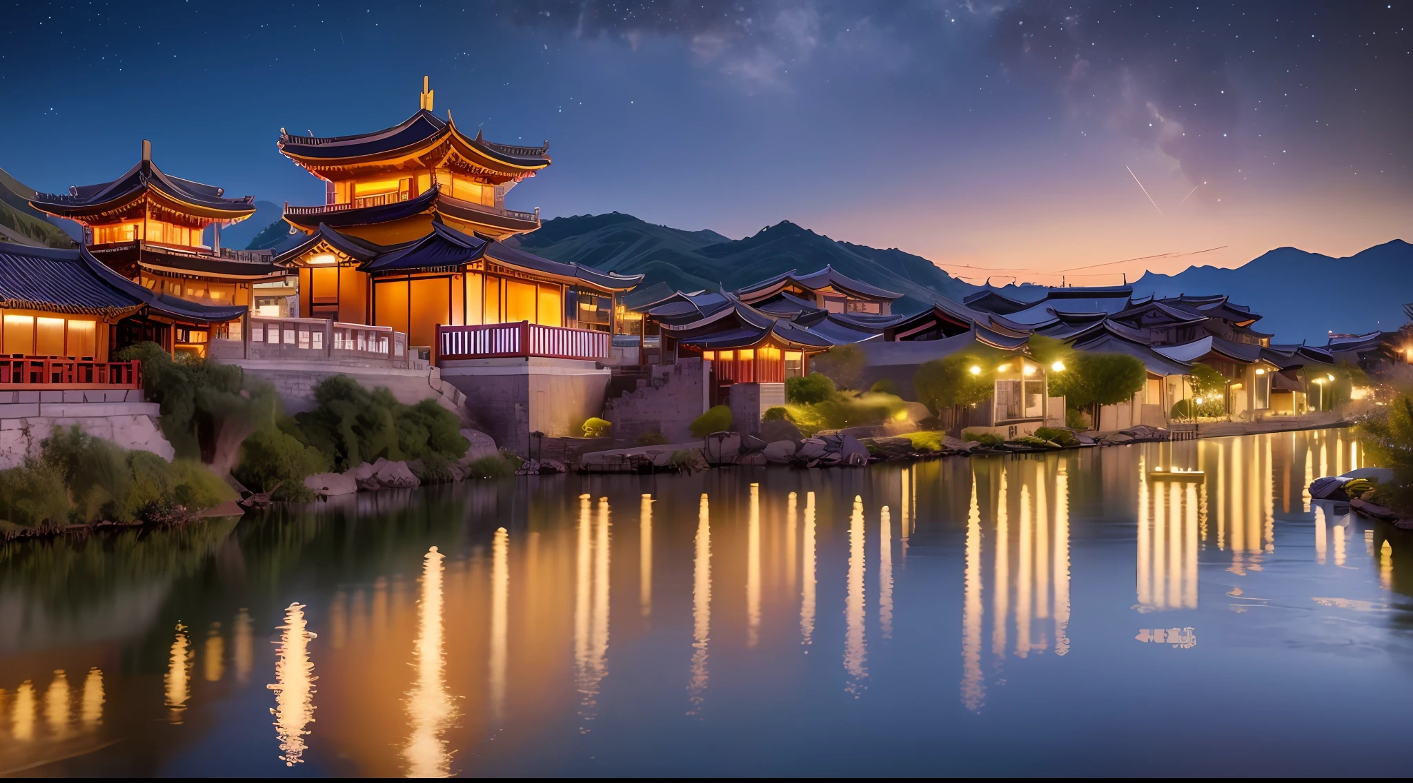 A river twice is a Chinese village, Town, There are a lot of lights on the building, The night is quiet and bright, In the distance is an ancient Chinese castle, Good light, The whole town and ancient village is beautiful and spectacular, Photography, Movie, jiezuo, High Detailed, best qua4lity, highres -, Surrealism, 8k, uhd, super detail, high quality, award winning --auto --s2