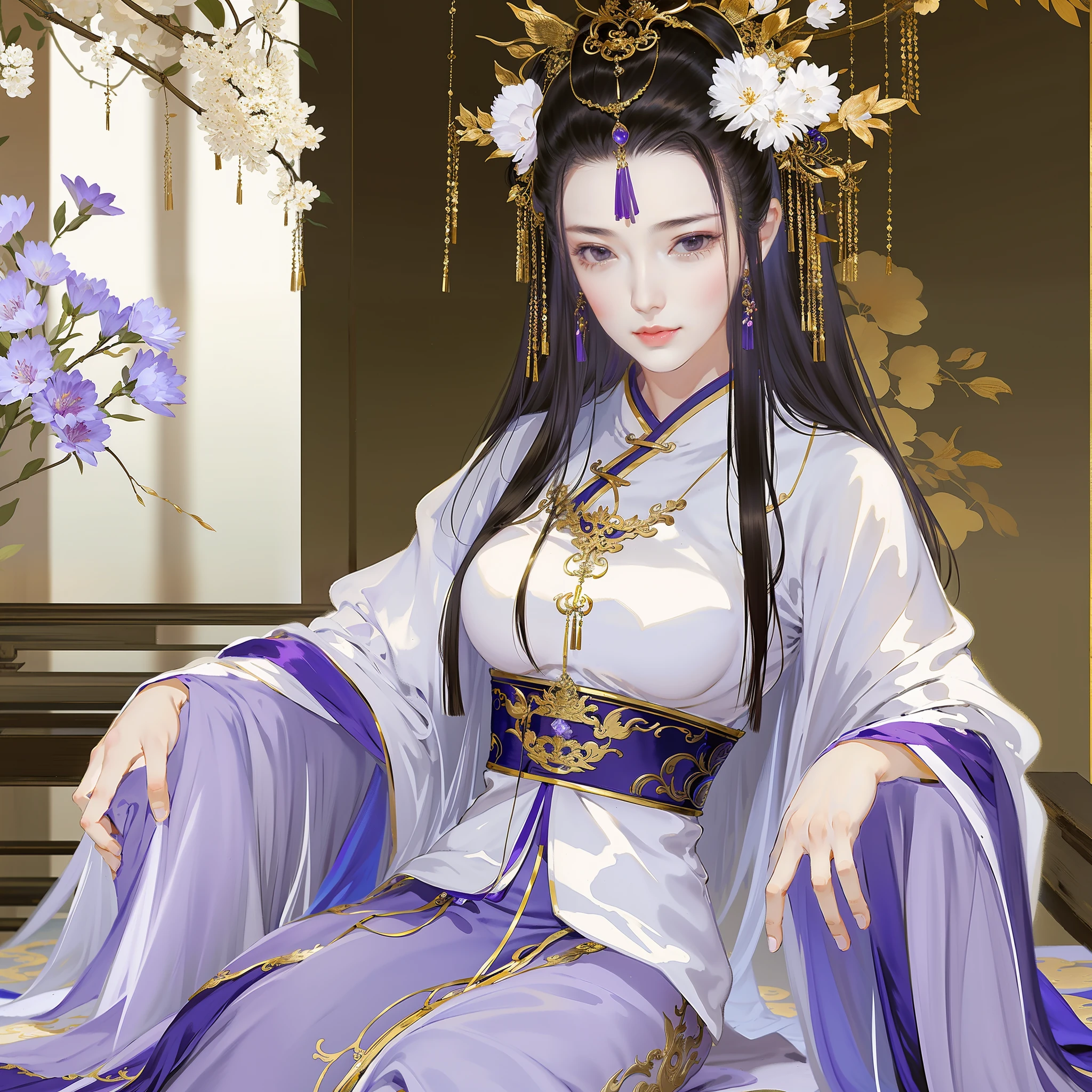 An ancient Chinese beauty, Yingluo Huanpei, dignified temperament, flowing long skirt, clear face, beautiful eyes, purple myrtle, masterpiece, super detailed, epic composition, super HD, high quality, highest quality, 32k