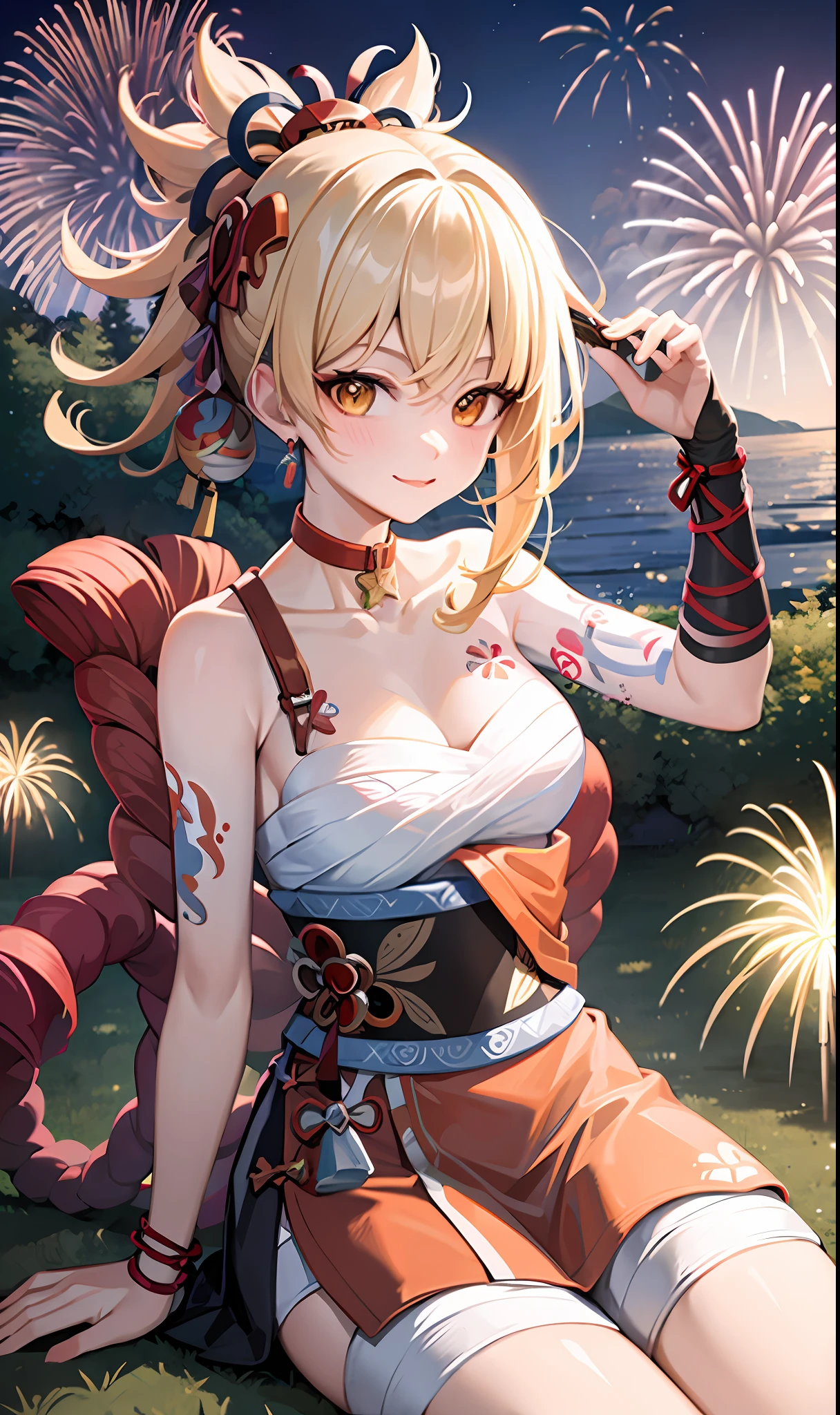 1girl,cowboy shot,sitting,chair,fireworks,evening,joy,origen,