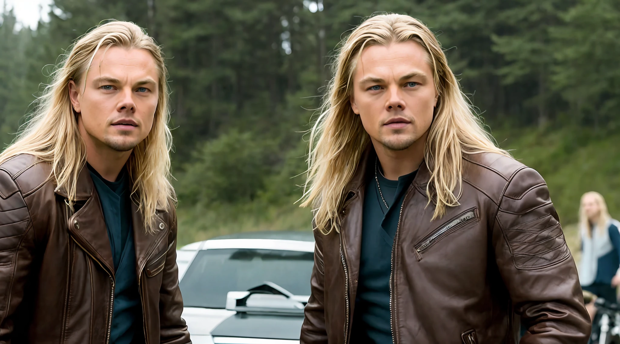 blond man with long hair and a leather jacket holding a Racing bike, leonardo dicaprio's face, Landscape of leonardo dicaprio, leonardo dicaprio, “leonardo dicaprio, leonardo, fan art, biopic, film still from 'thor', bjarke ingels, leonardo dicaprio meme, high res, igla movie shot, christian, shot for imax, profile shot, thor, michael