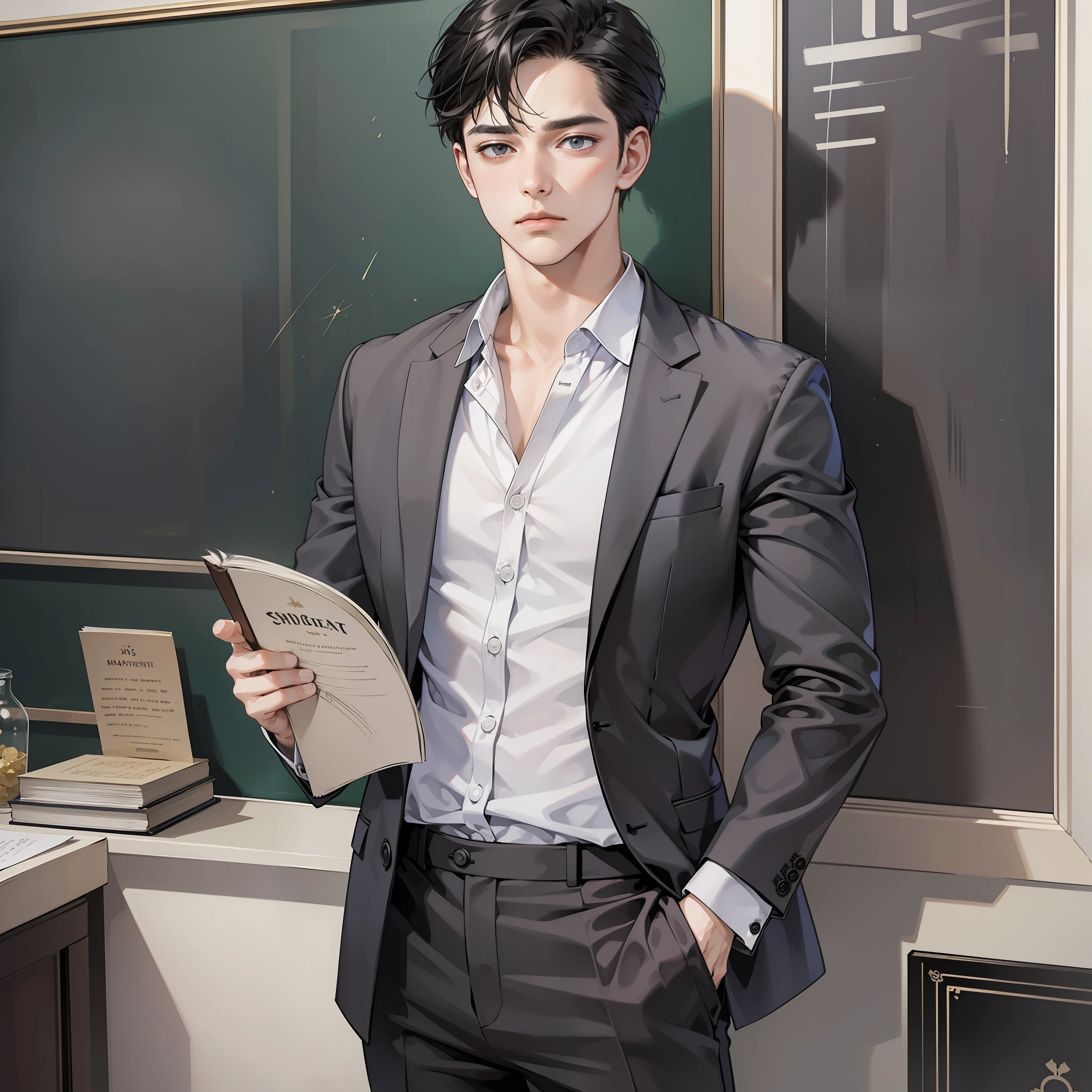 Masterpiece, high quality, best quality, HD, realistic, perfect lighting, detailed face, detailed body, 1 man, short black hair, suit, (sad expression: 1.5) (sad face: 1.5), holding a book in his hand, standing in front of the podium with a blackboard behind him