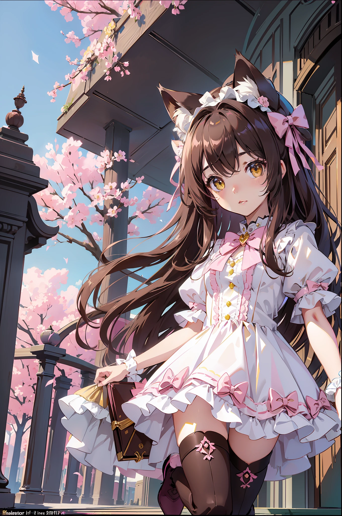 (masterpiece:1.2), (best quality:1.2), perfect eyes, perfect face, perfect lighting, 1girl, chocolate theme, cat ears covered in chocolate, cat tail with bow, ((Color palette: brown, pink, white, yellow)), 3d, adorable, cute big cat eyes, rawr, petit dress, thigh boots with pink lace, (full body, wide shot), dynamic angle, prism effect, 4k, a style