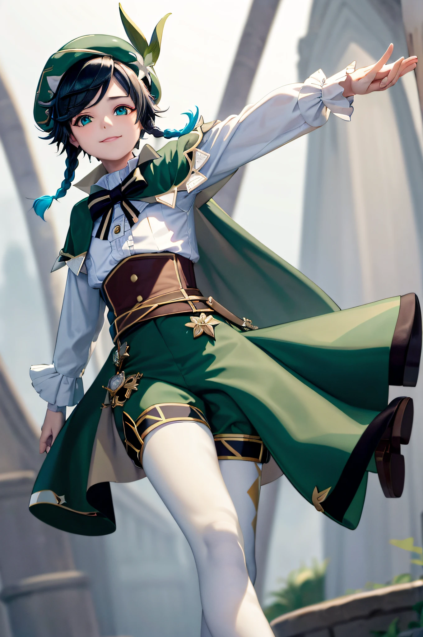 masterpiece, best quality,1boy, male focus, venti (genshin impact), lyre, black hair, hat, smile, braid, long sleeves, twin braids, gradient hair, multicolored hair, instrument, pantyhose, vision (genshin impact), bow, shorts, blue hair, green headwear, beret, white pantyhose, green shorts, collared cape, bangs,shirt, jewelry, looking at viewer, white shirt, brooch, cape, androgynous, frilled sleeves, frills, corset, short hair with long locks,  (grey background:1.4),(kbxll:0.6)