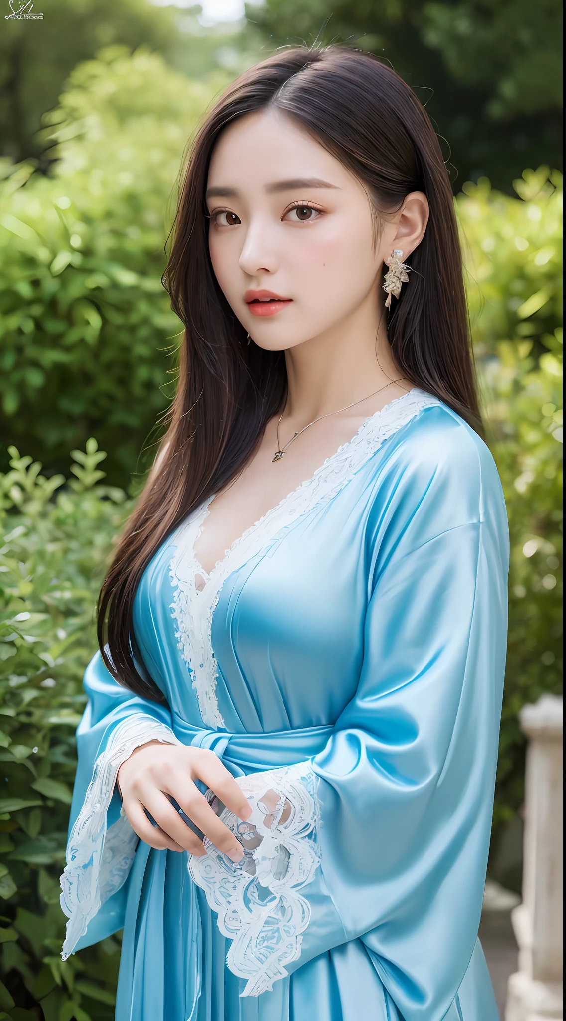 (Best Quality, Masterpiece, 8K, Ultra High Resolution, Realistic, Close-up, Blue Sky, Photon Mapping, Teleportion, Physically Based Rendering: 1.2), (Beautiful Fine Face and Smooth Forehead and Black Long Hair and Messy Hair: 1.2), (Random Color Clothes, V-Neck: 1.5), (Beautiful Face and Delicate Whitening of Face, Extremely Detailed 8K Color Filament Robe: 1.2), 1 Girl, Single, Hanfu, Lace, Silk Texture, (Young), Detailed Face, Shiny Skin, intricate details, looking at the viewer, big eyes, earrings, hairpins, necklace with , slim body, architecture, east asia, riverside, forest, garden, arms sides,
