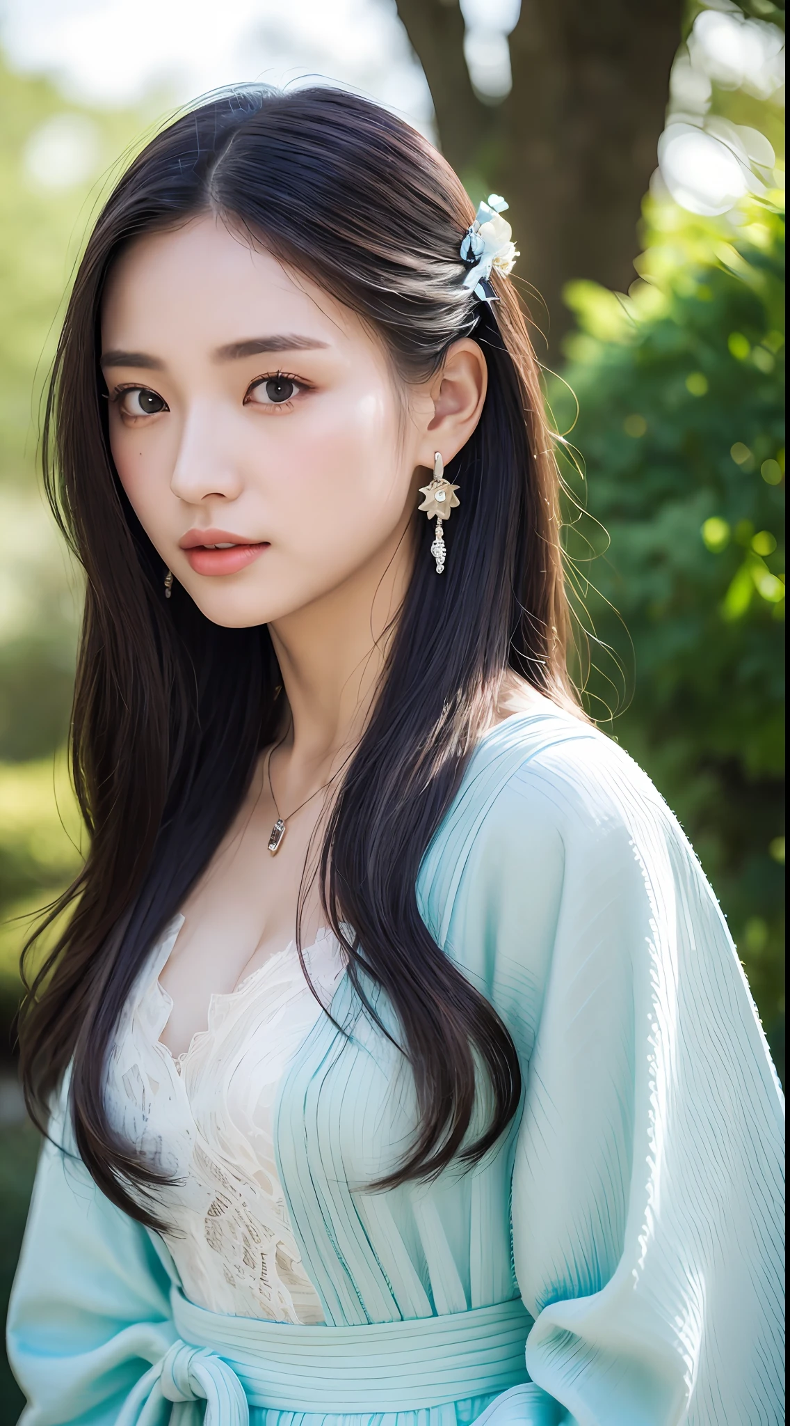 (Best Quality, Masterpiece, 8K, Ultra High Resolution, Realistic, Close-up, Blue Sky, Photon Mapping, Teleportion, Physically Based Rendering: 1.2), (Beautiful Fine Face and Smooth Forehead and Black Long Hair and Messy Hair: 1.2), (Random Color Clothes, V-Neck: 1.5), (Beautiful Face and Delicate Whitening of Face, Extremely Detailed 8K Color Filament Robe: 1.2), 1 Girl, Single, Hanfu, Lace, Silk Texture, (Young), Detailed Face, Shiny Skin, intricate details, looking at the viewer, big eyes, earrings, hairpins, necklace with big breasts, slim body, architecture, east asia, riverside, forest, garden, arms sides,