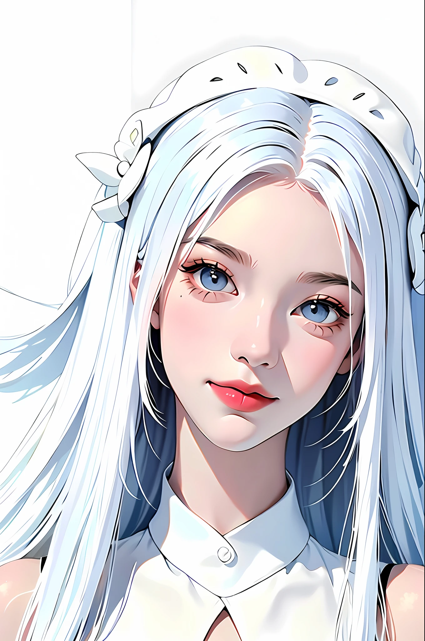 masterpiece, best quality, ((pure white background)), standing, long white hair, cold face, fair skin, black dress, happy smile, light effect, soft, super clear, high-definition image, (front)
