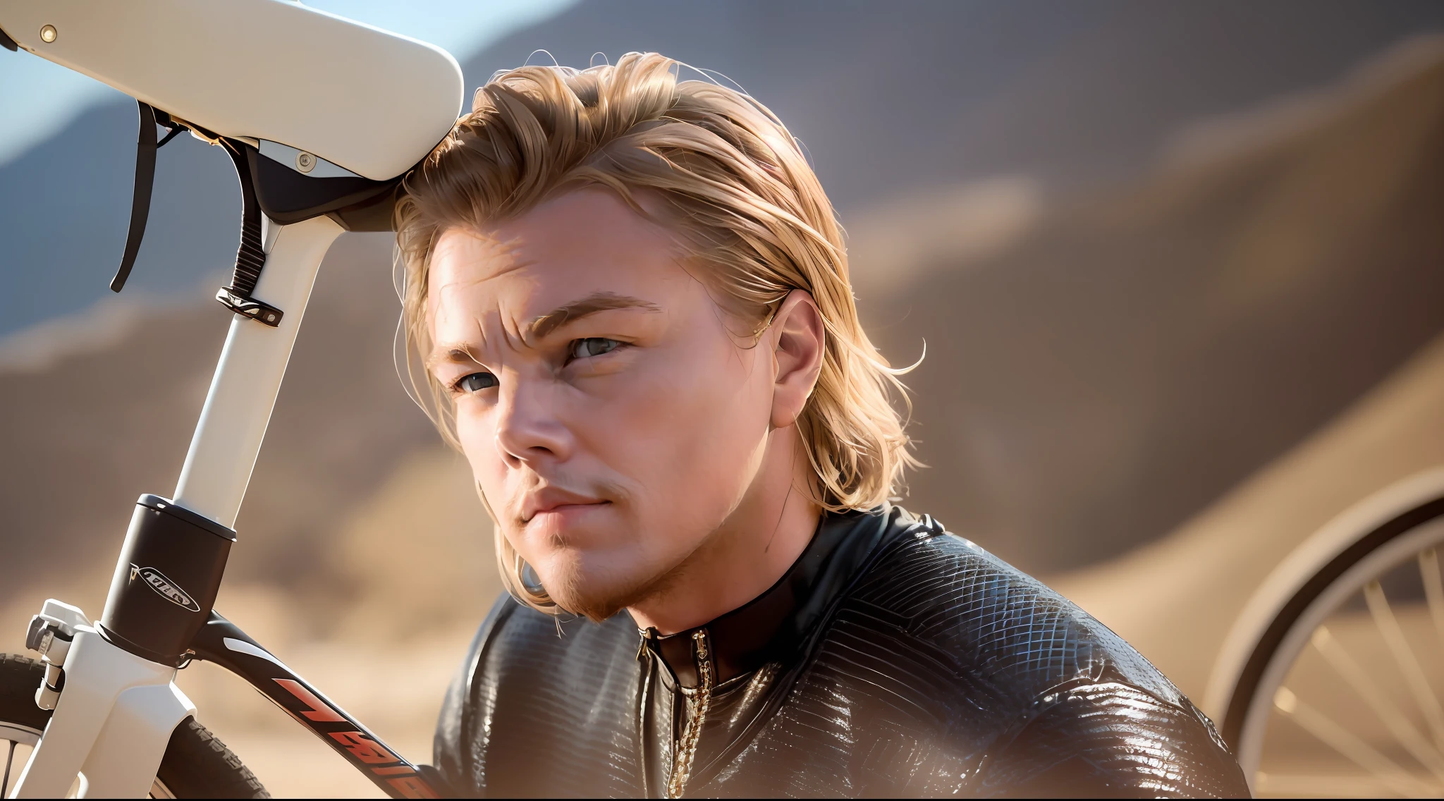 (1 Biker (Style of Leonardo DiCaprio): 1.5, Golden Hair,Slim Body,Blue Eyes, Smile Face, Master piece,,High Detailed, Ivory Skin, Jewelry,He Ride Bicycle,BMX Sponsored, Desert Mountain Climb With Bicycle,Sport Types,(Red Colour),Sunny Day, Cenimatic Lighting, masterpiece, UHD,Best Quality,