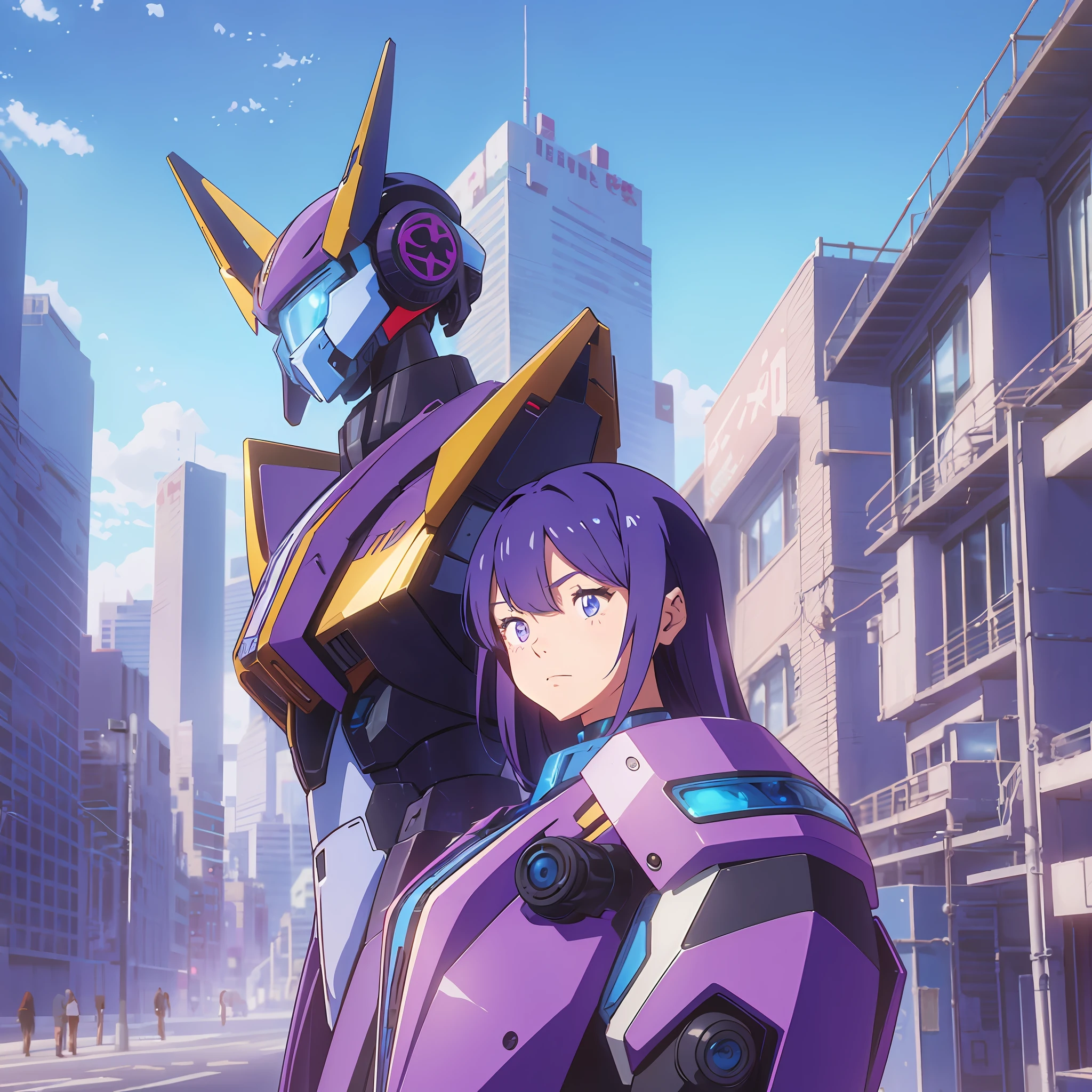 (Memphis style + minimalism: 1.4) 16-year-old girl [:( mecha style clothing + purple): 1.2], cold expression, retro background, sky blue layer, perfect proportions, [:(European and American style + anime style): 1.2] --auto --s2