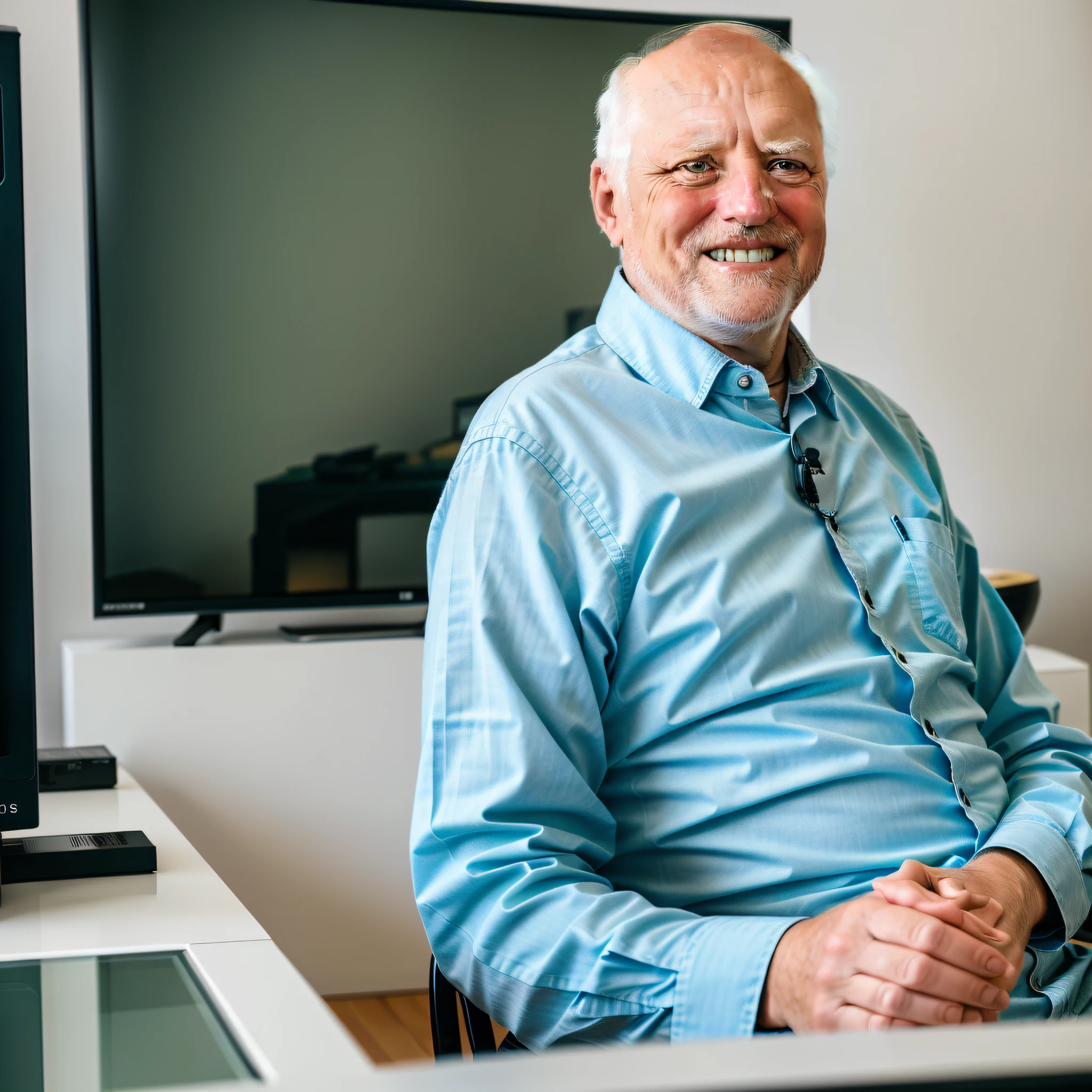 full length photo of (harold:1.3), smiling, 8k uhd, dslr, high quality, film grain, Fujifilm XT3, (harold is watching TV news:1.3), working TV, image on the screen