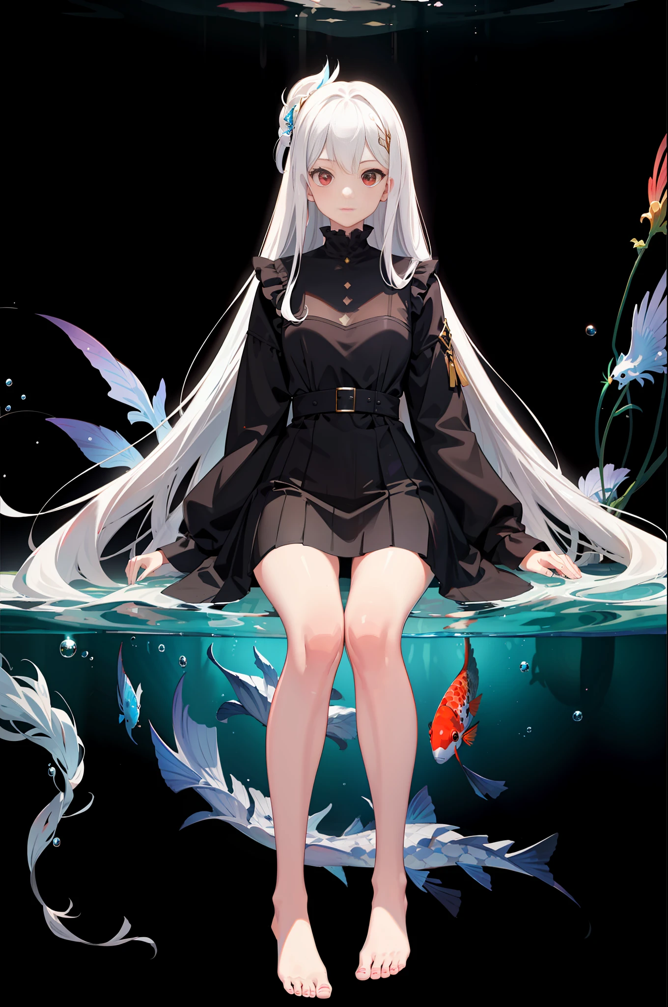 [(Transparent background:1.5)::5],(((masterpiece))),(((best quality))),(((extremely detailed))),illustration, 1girl,solo,mysterious,vivid color,shiny, underwater transparent sealed hemispherical glass dome, white hair,red eyes, full body,barefoot,long hair tranquil nature, koi,Underwater, Dome,close up,Dynamic actions,Lens perspective,(((Box composition))),sit cross-legged and lean against the bookshel,