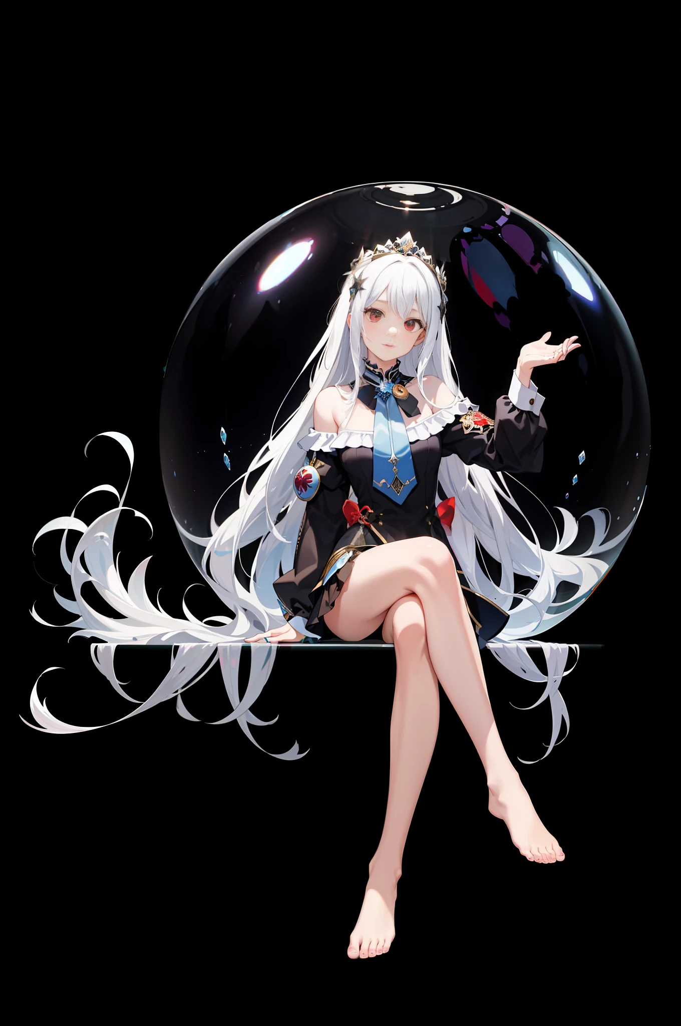 [(Transparent background:1.5)::5],(((masterpiece))),(((best quality))),(((extremely detailed))),illustration, 1girl,solo,mysterious,vivid color,shiny, underwater transparent sealed hemispherical glass dome, white hair,red eyes, full body,barefoot,long hair tranquil nature, koi,Underwater, Dome,close up,Dynamic actions,Lens perspective,(((Box composition))),sit cross-legged and lean against the bookshel,