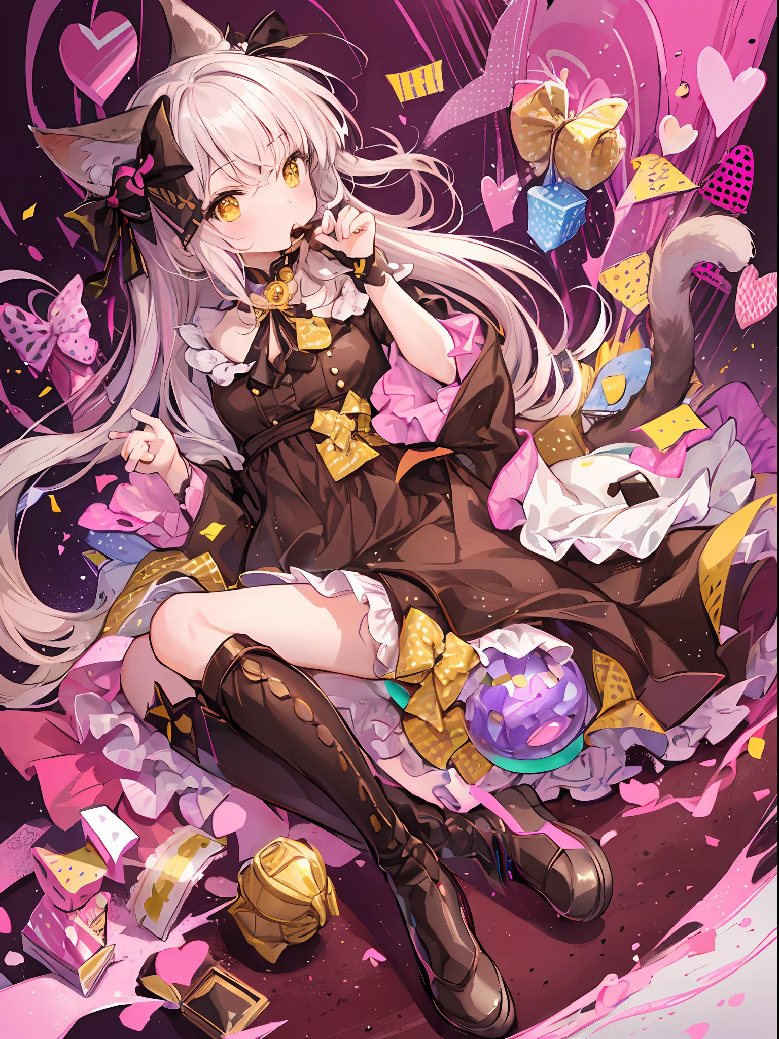 (masterpiece:1.2), (best quality:1.2), perfect eyes, perfect face, perfect lighting, 1girl, chocolate theme, cat ears covered in chocolate, cat tail with bow, ((Color palette: brown, pink, white, yellow)), 3d, adorable, cute big cat eyes, rawr, petit dress, thigh boots with pink lace, (full body, wide shot), dynamic angle, prism effect, 4k, a style, background is a semi-abstract cat themed pattern with polka dots and confetti