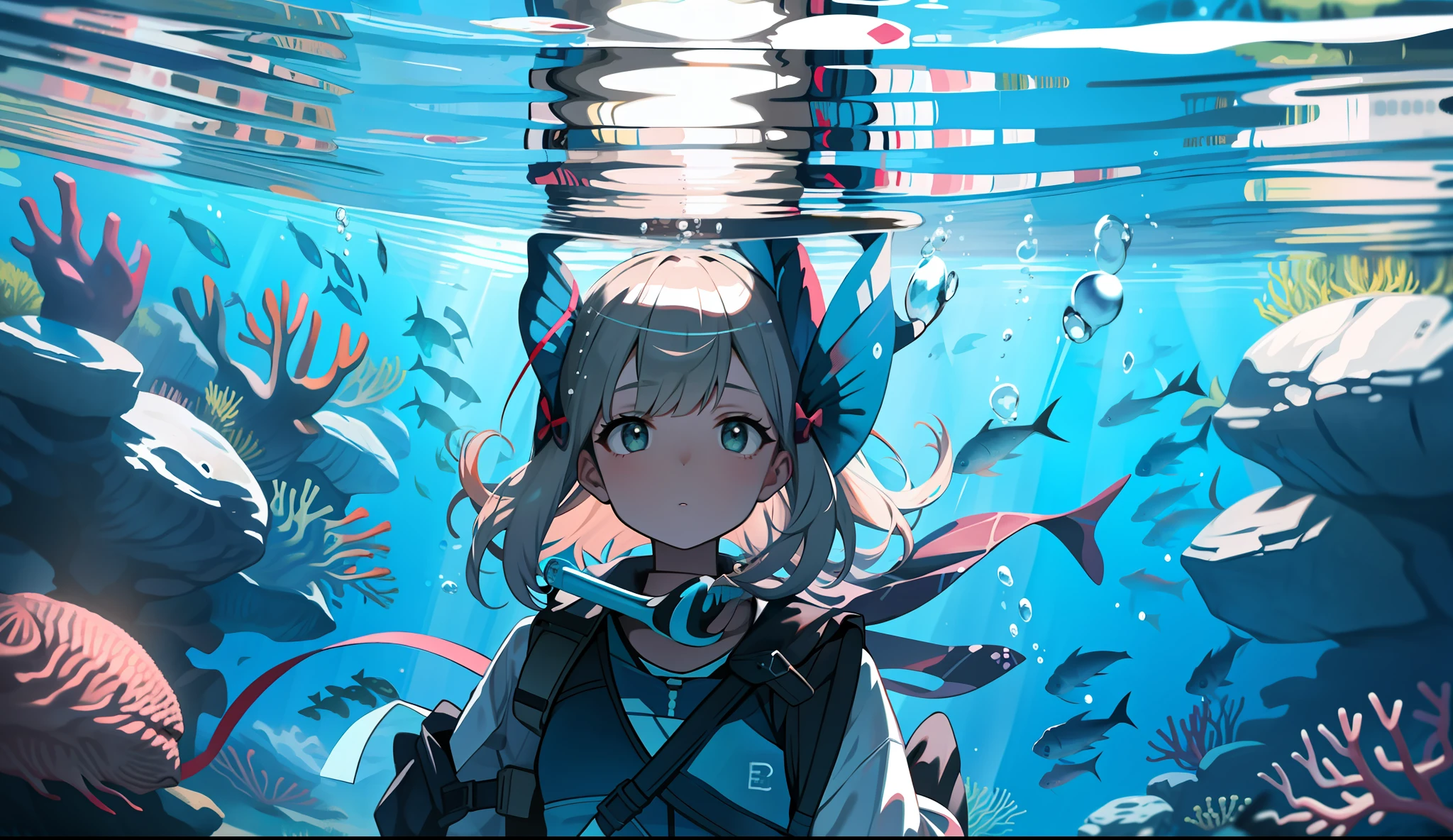1girl, solo, fish, underwater,looking at viewer, bubble, bangs, coral, , sunlight, air bubble, ribbon