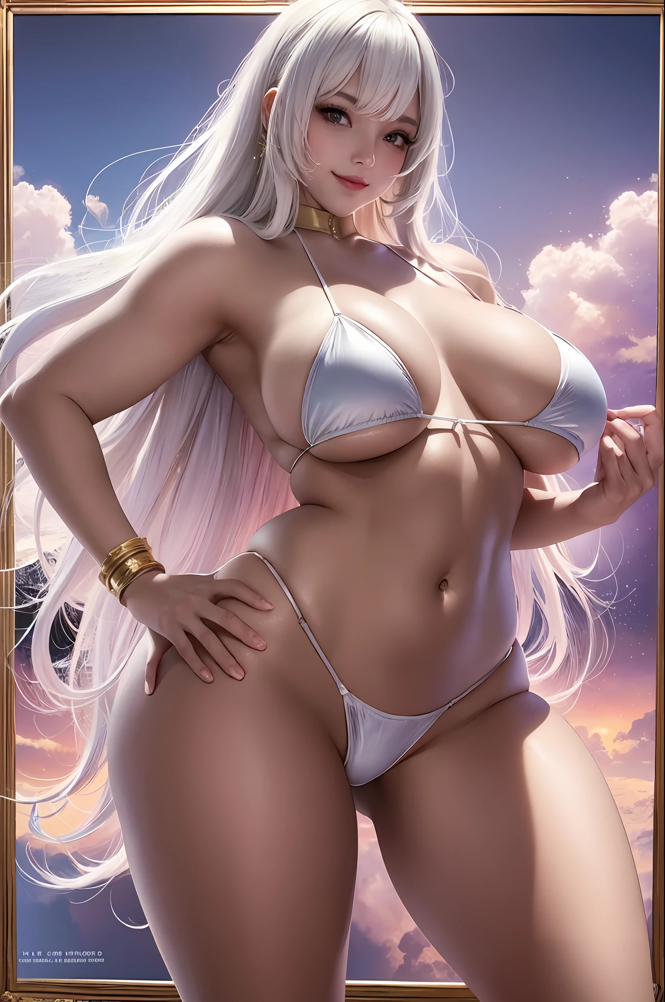 Top Quality, Illustration, 1 Girl, Huge, Big, Hanging Breasts, Simple Background, Pose, Smile, Half Naked, Long String Bikini, Glamorous, 8k, Perfect, Racy Micro Bikini, Shiny oiled Skin, Posing, Beautiful Model, Tutling, Fine Art, Erotic Poster, CG Digital Art , Best of all works, anime hair