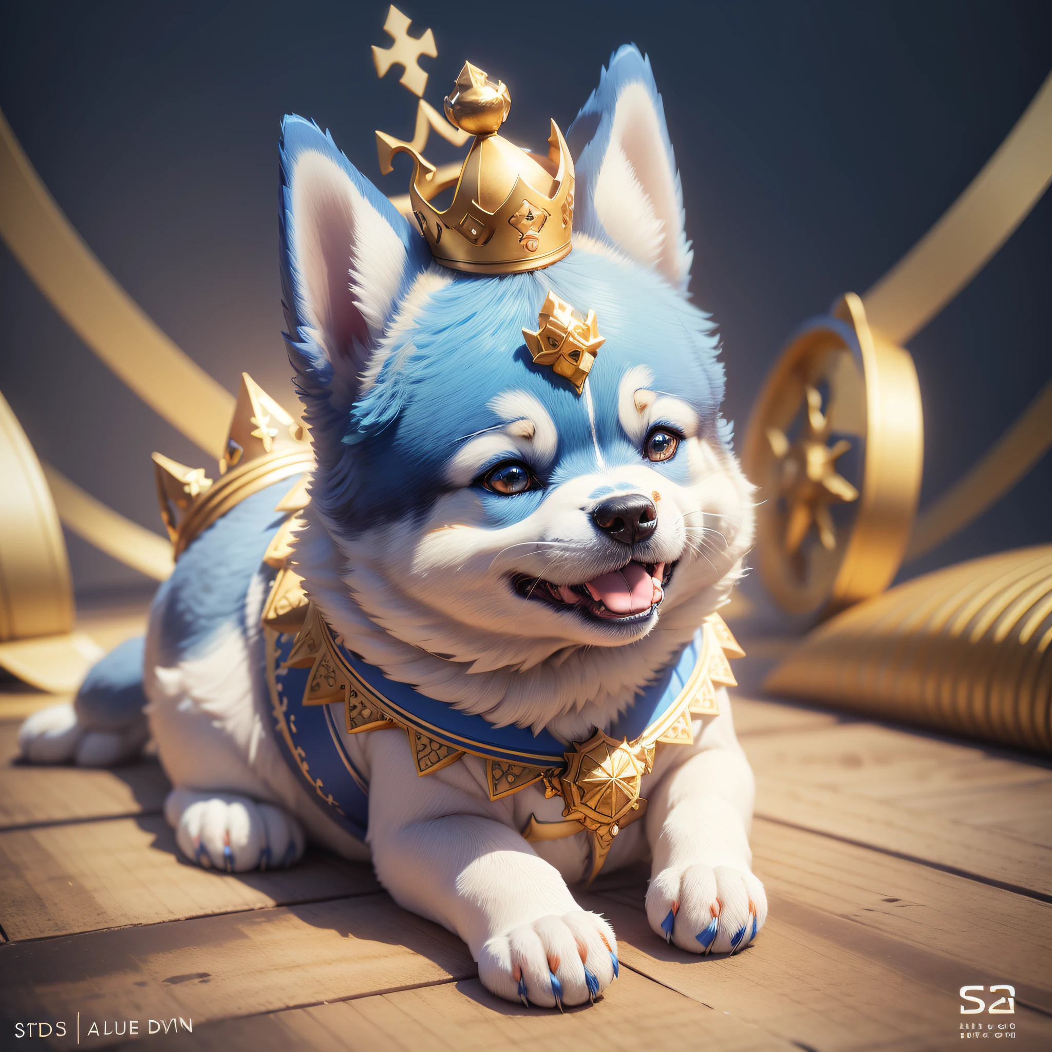 Blue and white Akita dog with golden crown on head, cute 3 D rendering, cute digital painting, cute detailed digital art, 3 d rendering stylization, stylized 3d rendering, stylized 3 d, stylized 3d rendering, color zbrush rendering, smooth 3d CG rendering, cute digital art, cute smiling dog, super detailed rendering --auto --s2