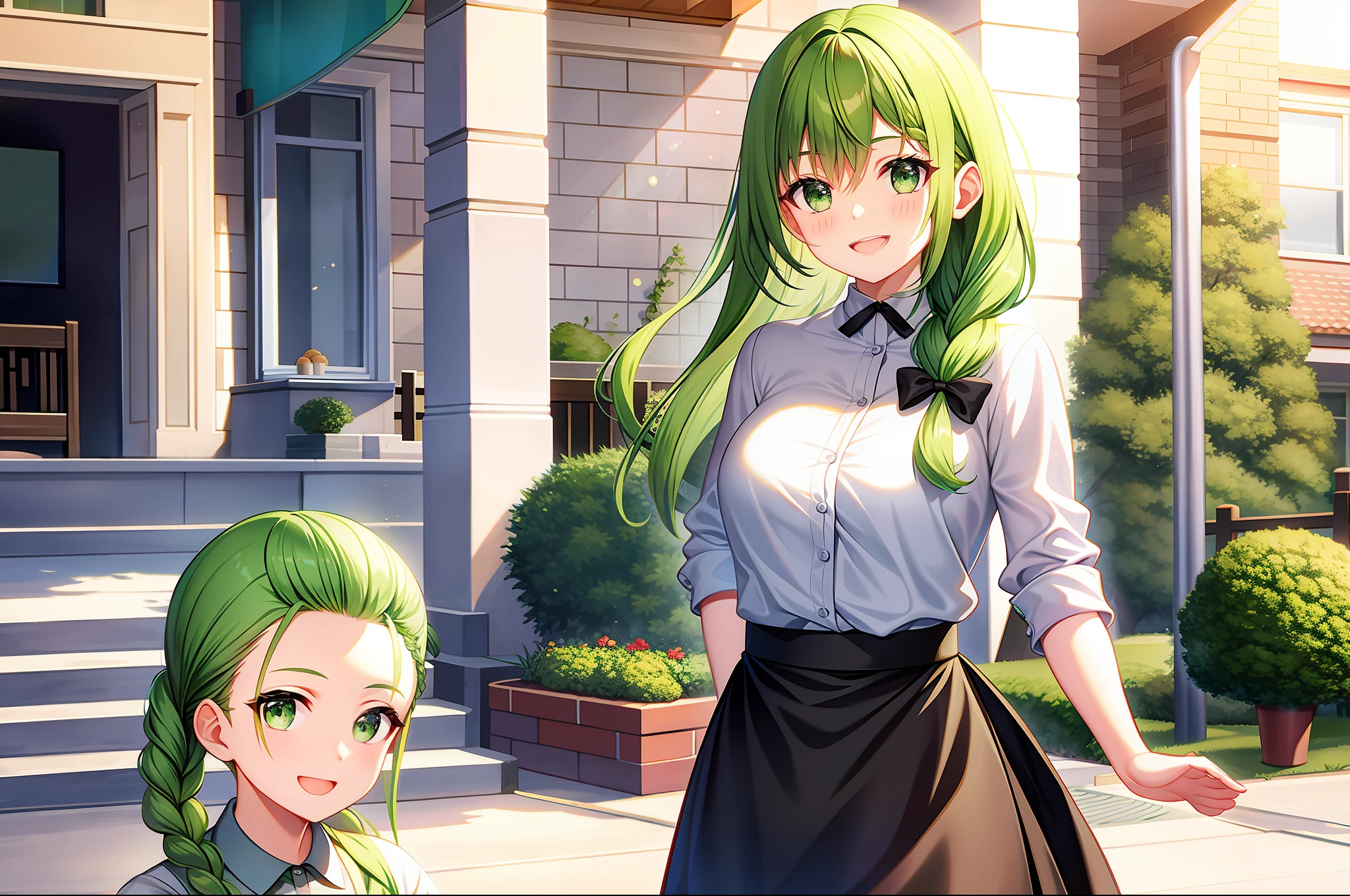 with braided green hair green eyes casual outfit funny face poseing medium sized  mature