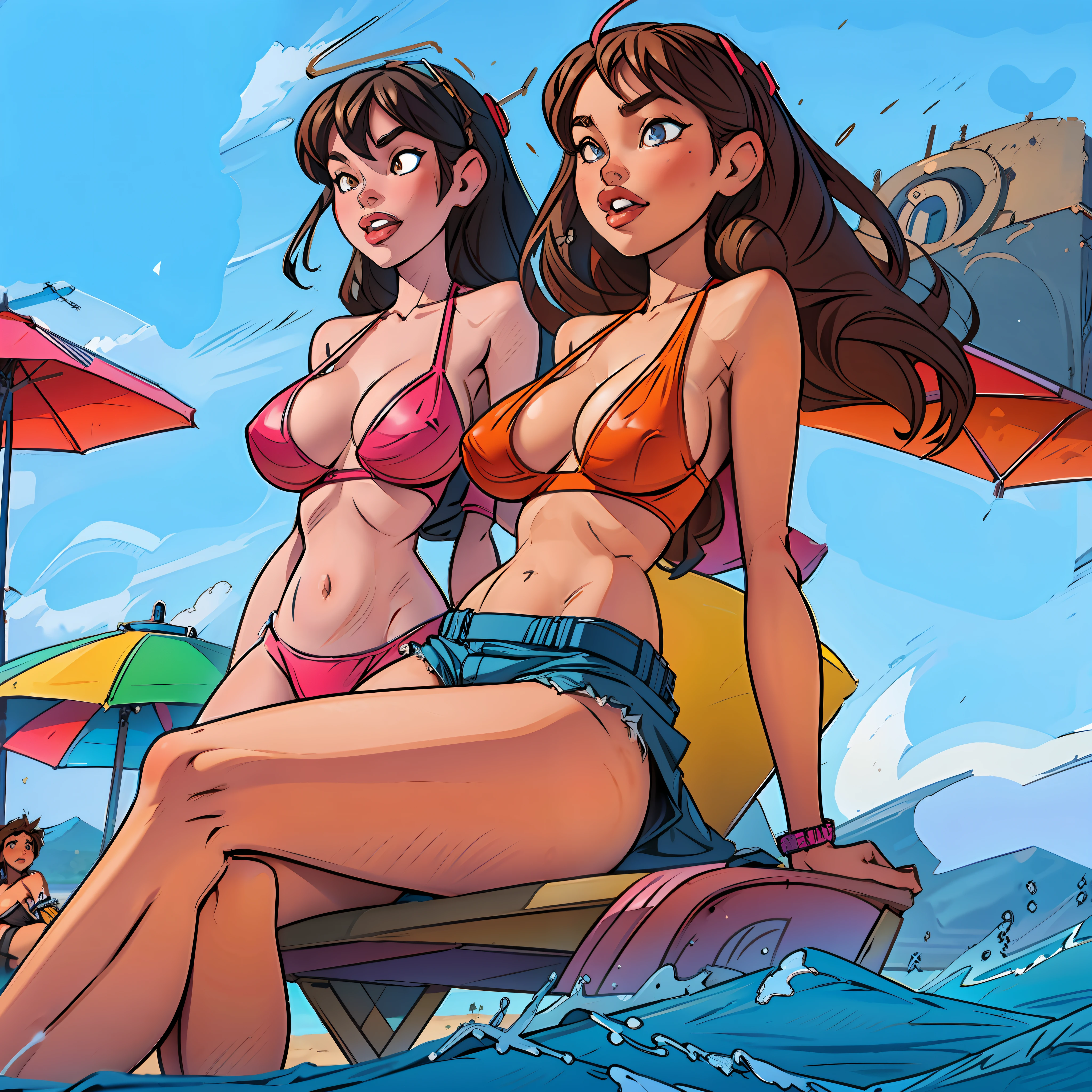a close up of a woman in a small bikini sitting on a beach, sfw huge breasts, oppai, giant stunning goddess shot, breasts covered and sfw, with large breasts, big breasts, covered sfw huge breasts, big breasts!, at the beach, really large bust, big breasts!!, at a beach, with a large breasts, large breasts, busty
