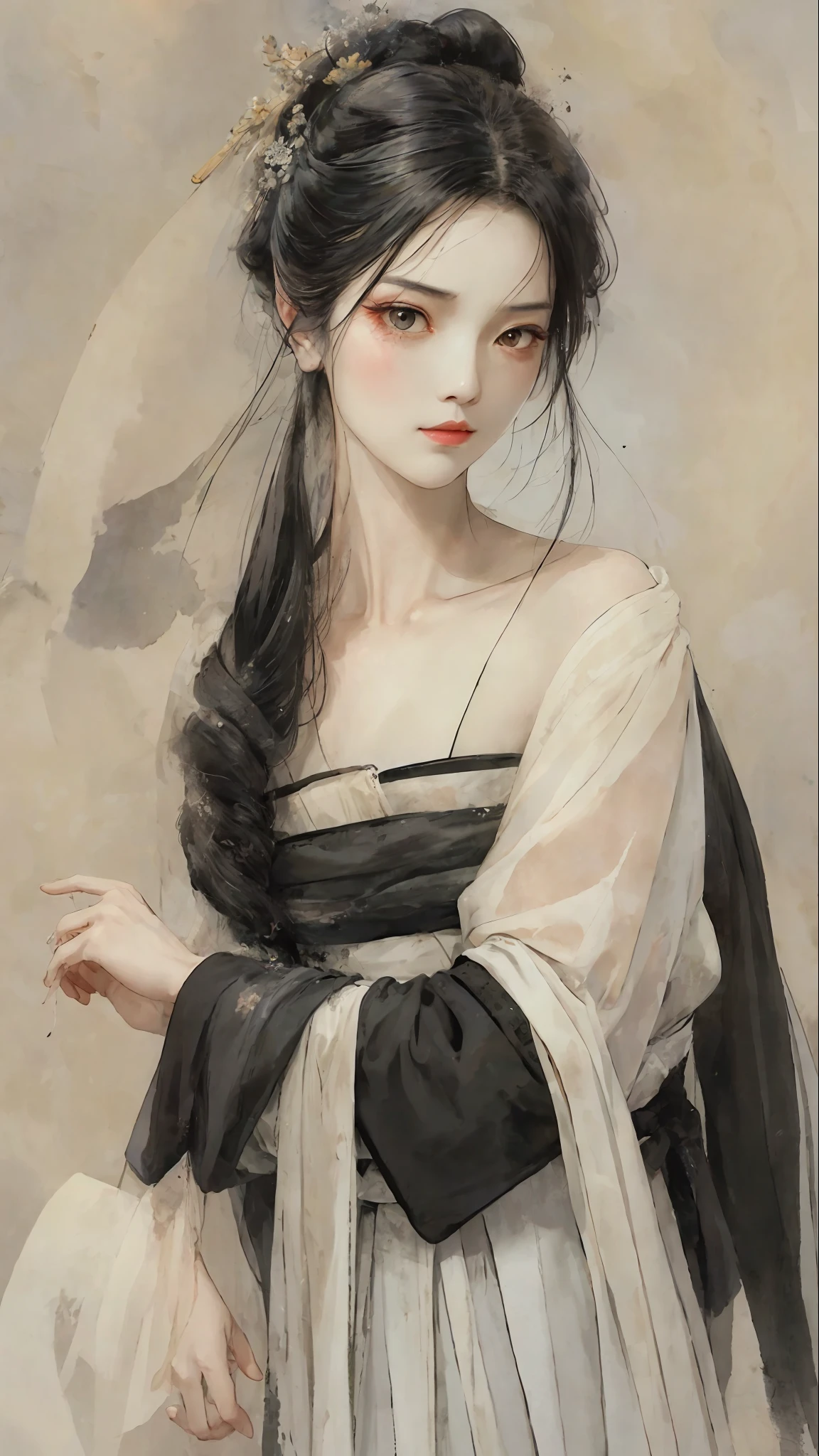 A bust of a woman with black hair and black eyes, a woman, a serious expression, bowed head, Hanfu, white clothes, cold eyes, loose hair, (ink smudging) beautiful character painting, clothing black and white ink style, face delicate color, watercolor, light color, martial arts style, national style, delicate and beautiful face, waist seal, sharp eyes