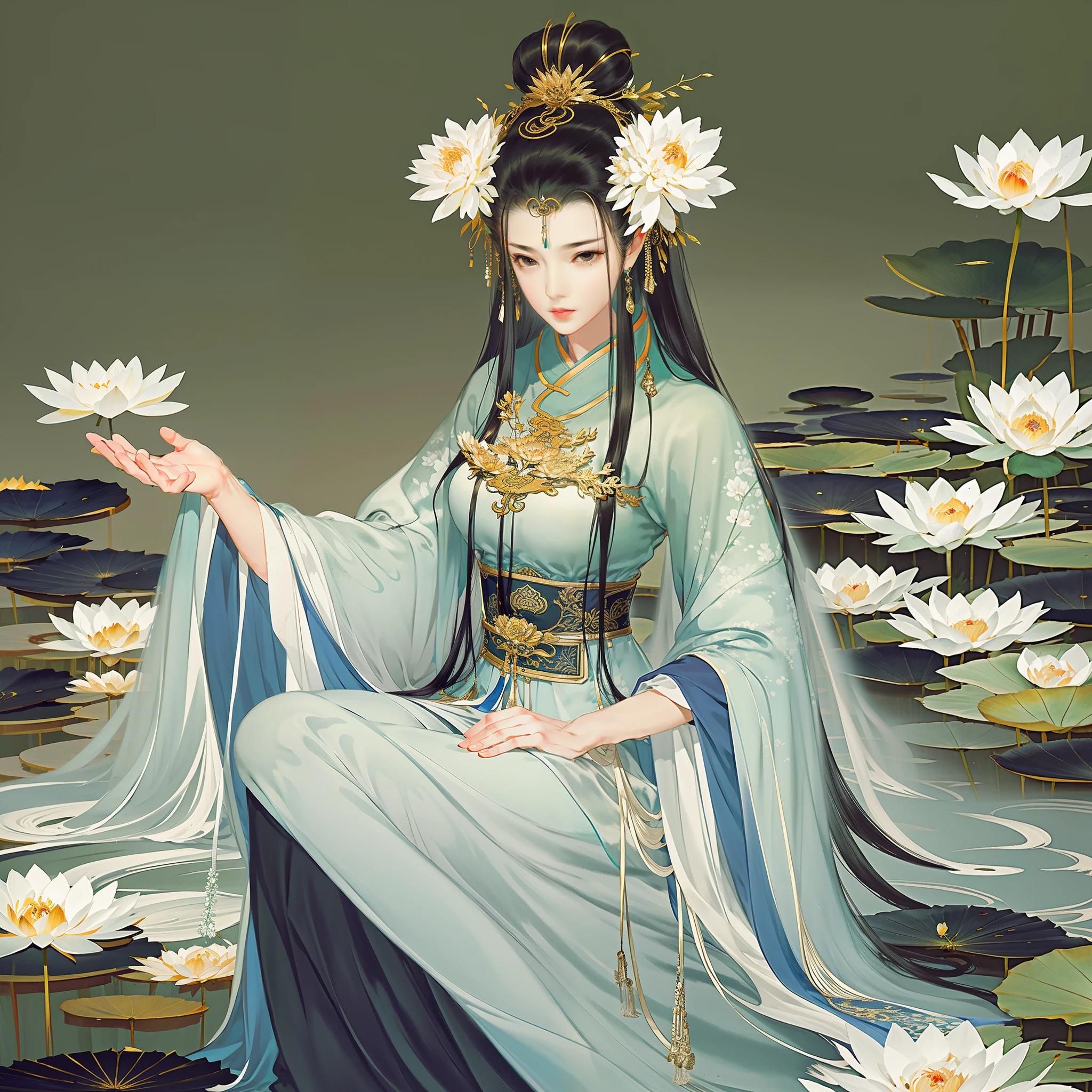 An ancient Chinese beauty, Yingluo Huanpei, dignified temperament, flowing long skirt, clear face, beautiful eyes, huge lotus leaves, masterpiece, super detailed, epic composition, super HD, high quality, highest quality, 32k