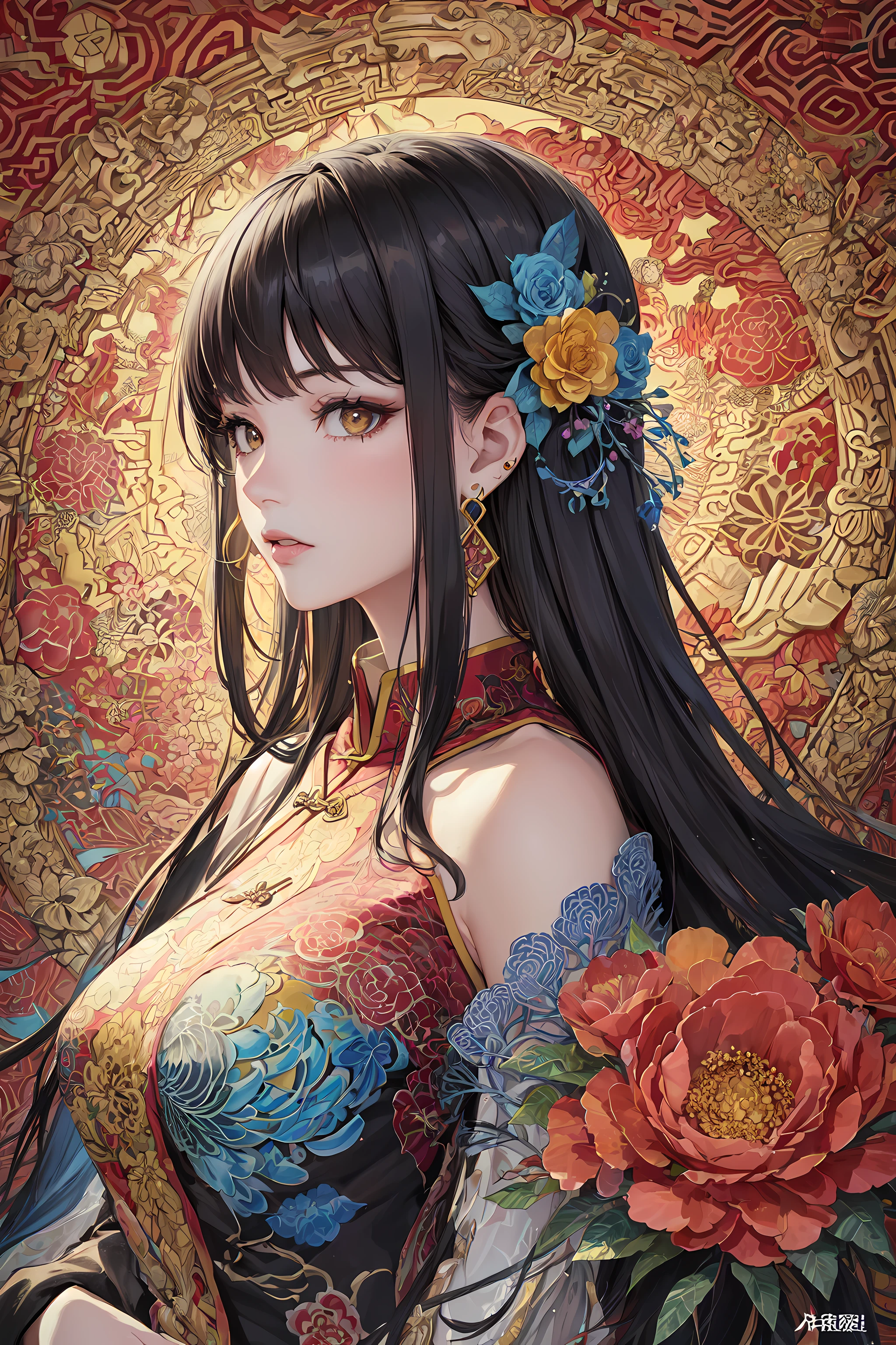(masterpiece, top quality, best quality, official art, beautiful and aesthetic:1.2), (1girl:1.3), extremely detailed,(fractal art:1.1),(colorful:1.1)(flowers:1.3),highest detailed,(zentangle:1.2), (dynamic pose), (abstract background:1.3), (chinese Traditional cloth:1.2), (shiny skin), (many colors:1.4), ,(earrings:1.4),