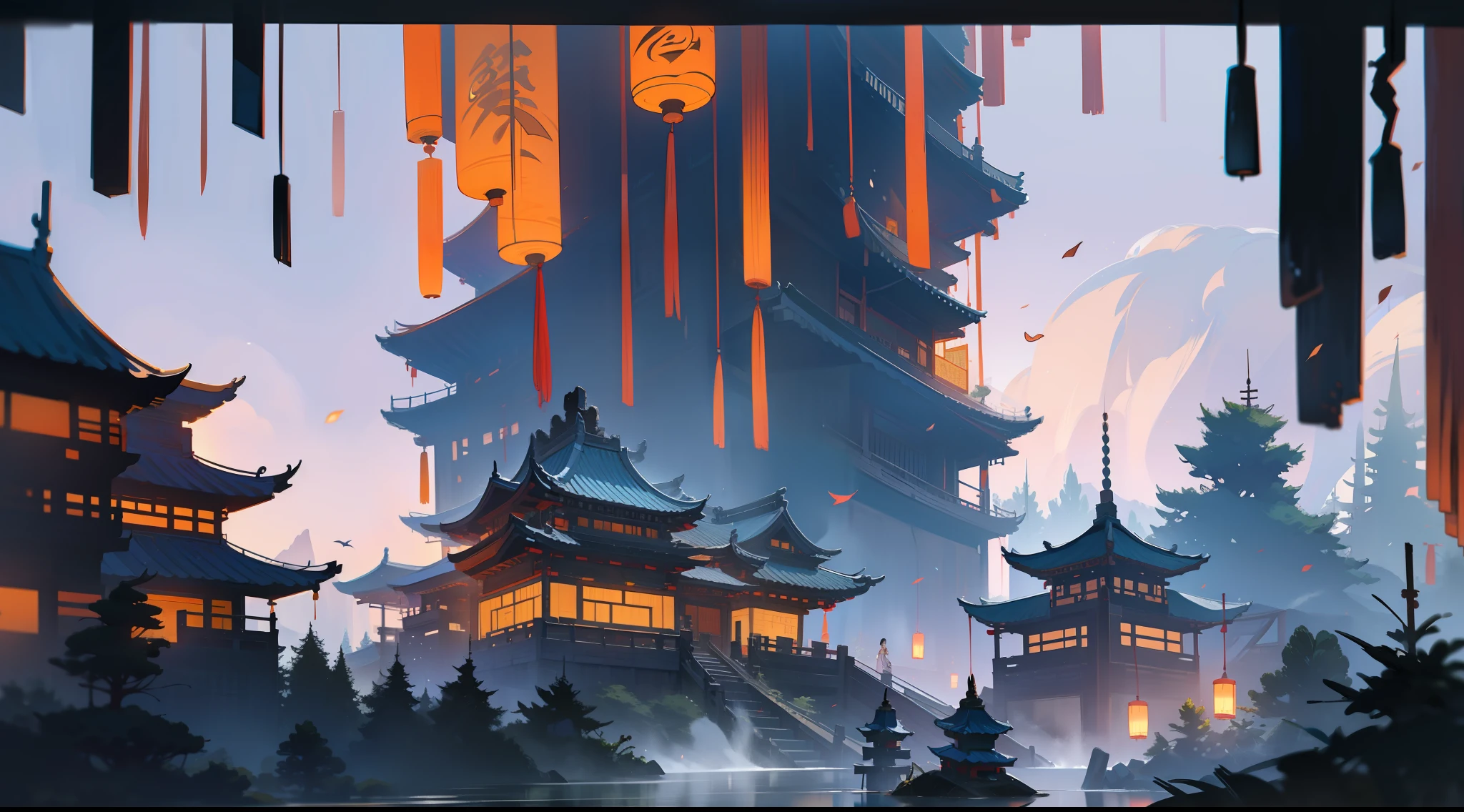 (Epic composition), (Film composition), (Interesting composition), (ink painting), Ancient Chinese architecture is built on high mountain cliffs, Scattered ancient Chinese pavilion buildings, The fog lingered, Flowing water, Dotted with ancient Chinese paper lanterns, The pine forest is lit up with a little light, (Tilt-shift photography), (Telephoto lens), (Panorama shot) --ar 19:6 --niji 5, 8K