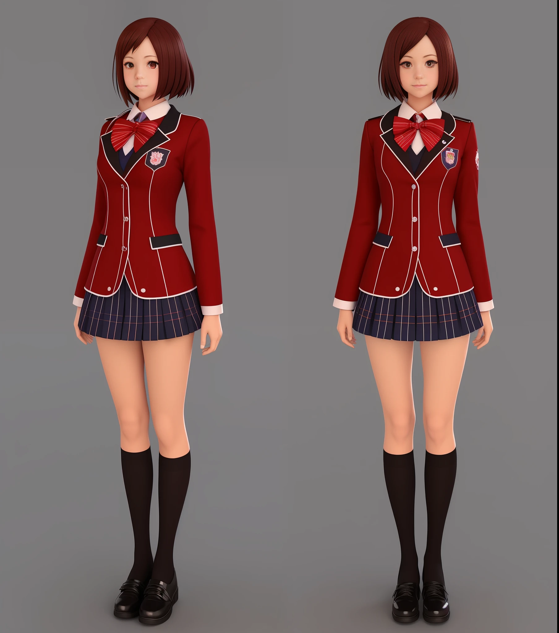 a close up of two images of a woman in a school uniform, realistic schoolgirl, magical school student uniform, hyperrealistic schoolgirl, a hyperrealistic schoolgirl, magic school uniform, japanese school uniform, japanese girl school uniform, 3d anime girl, jk uniform, 3 d anime realistic, anime vtuber full body model, red uniform, school uniform