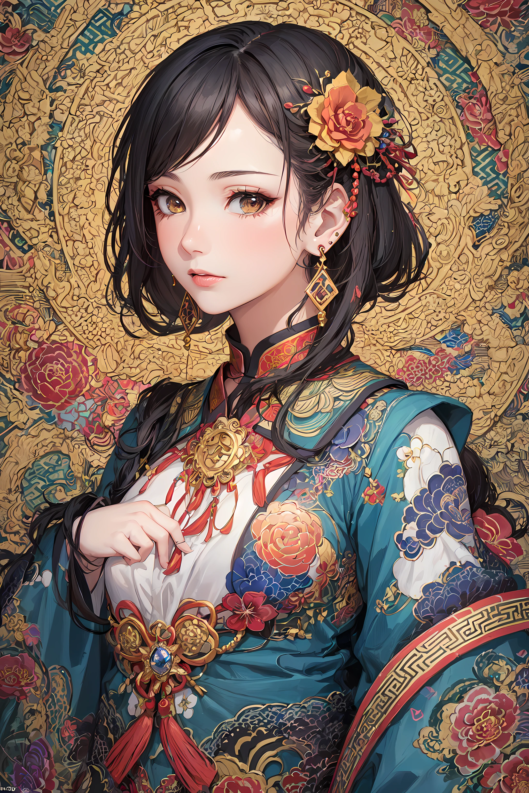 (masterpiece, top quality, best quality, official art, beautiful and aesthetic:1.2), (1girl:1.3), extremely detailed,(fractal art:1.1),(colorful:1.1)(flowers:1.3),highest detailed,(zentangle:1.2), (dynamic pose), (abstract background:1.3), (chinese Traditional cloth:1.2), (shiny skin), (many colors:1.4), ,(earrings:1.4),
