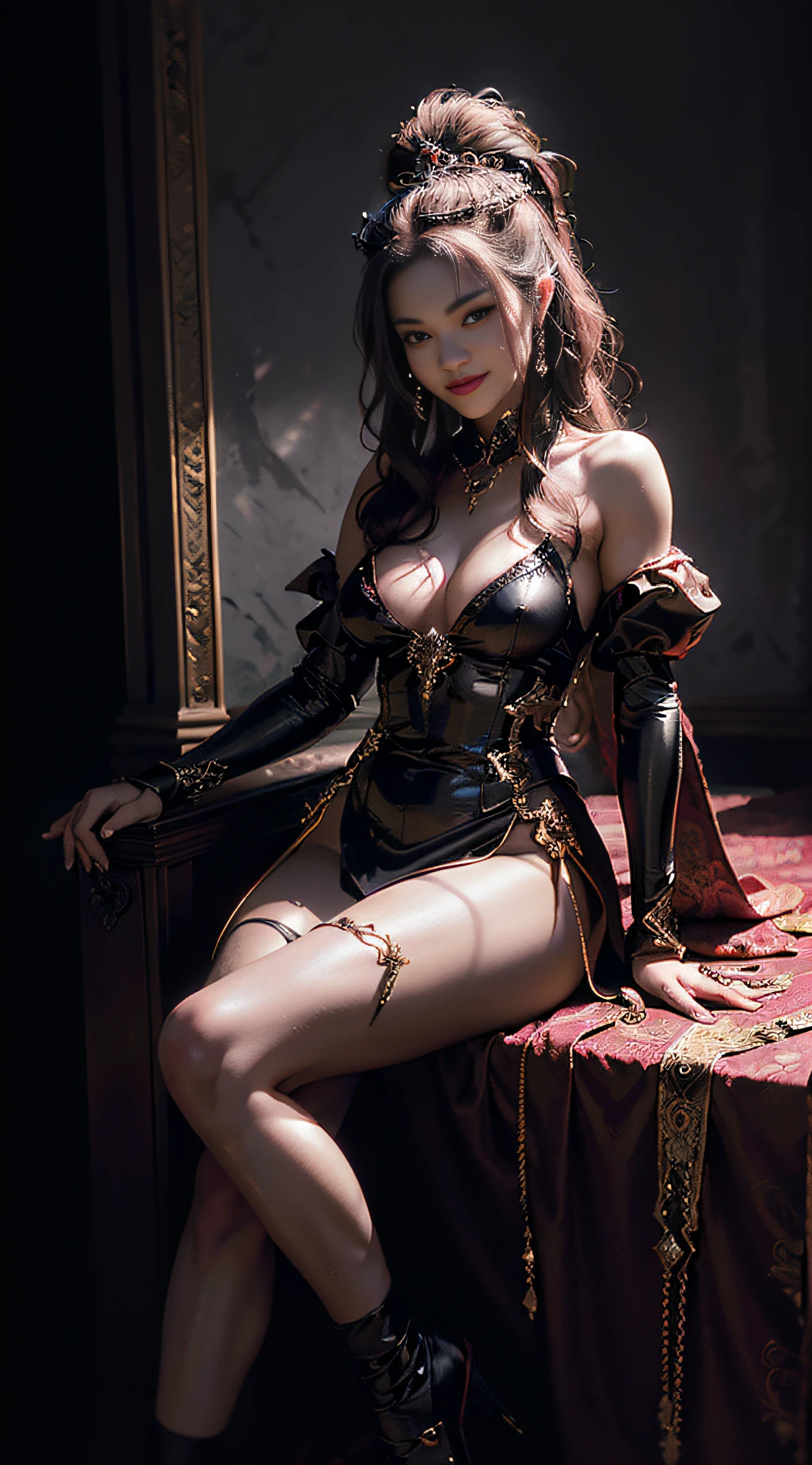 (Extreme Detail CG Unity 8K wallpaper, portrait, masterpiece, highest quality), (, sexualized, devilish seducing smile) (Exquisite lighting and shadow, highly dramatic graphics, Cinematic lens effect), (succubus, queen of hell, sitting on throne, dynamic pose), (excellent detail, outstanding lighting, wide angle), (excellent rendering, enough to stand out in its class)