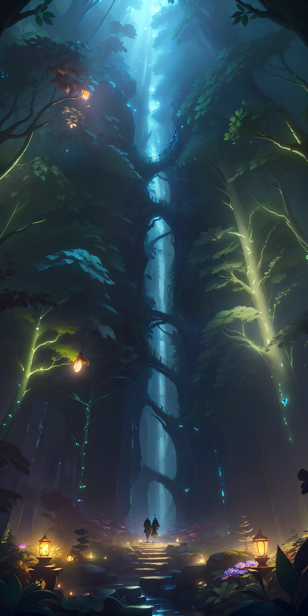 Masterpiece, best quality, (very detailed CG unified 8k wallpaper), best illustration, best shadow effect, glowing elves, mysterious forest, beautiful forest surrounded by natural elements, brilliant flowers, delicate leaves and branches, with fireflies and particle effects (natural elements), (jungle theme), Octane rendering, glowing butterfly