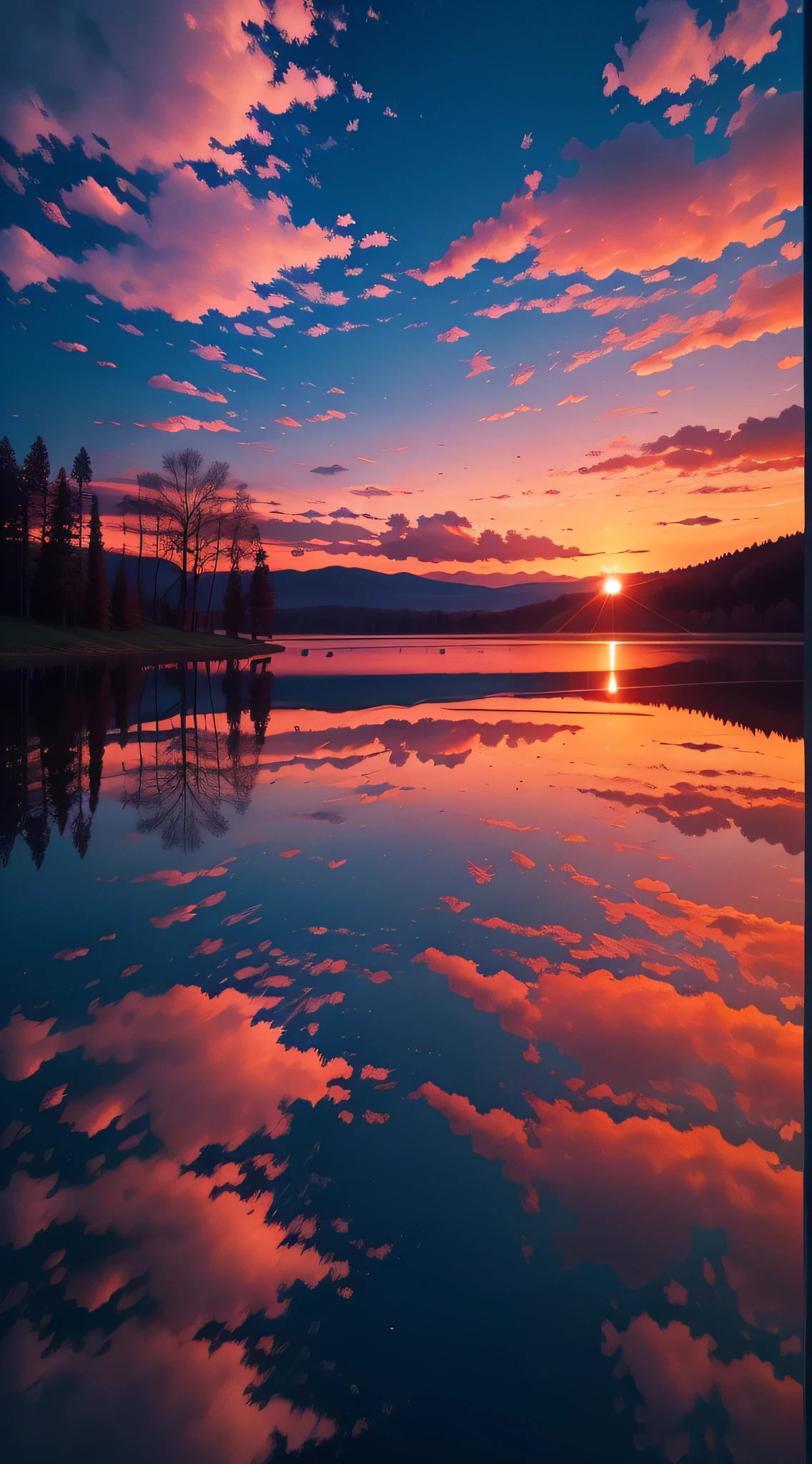 there is a beautiful sunset with a lake and trees in the background, colorful skies, surreal colors, colorful sunset, colorful sky, marvellous reflection of the sky, stunning sky, dream like atmosphere 8k, colorful clouds, colors reflecting on lake, surreal sky, red and blue reflections, fire reflection, beautiful sky, beautiful and spectacular dusk, beautiful dreamy landscape, amazing sky --auto --s2