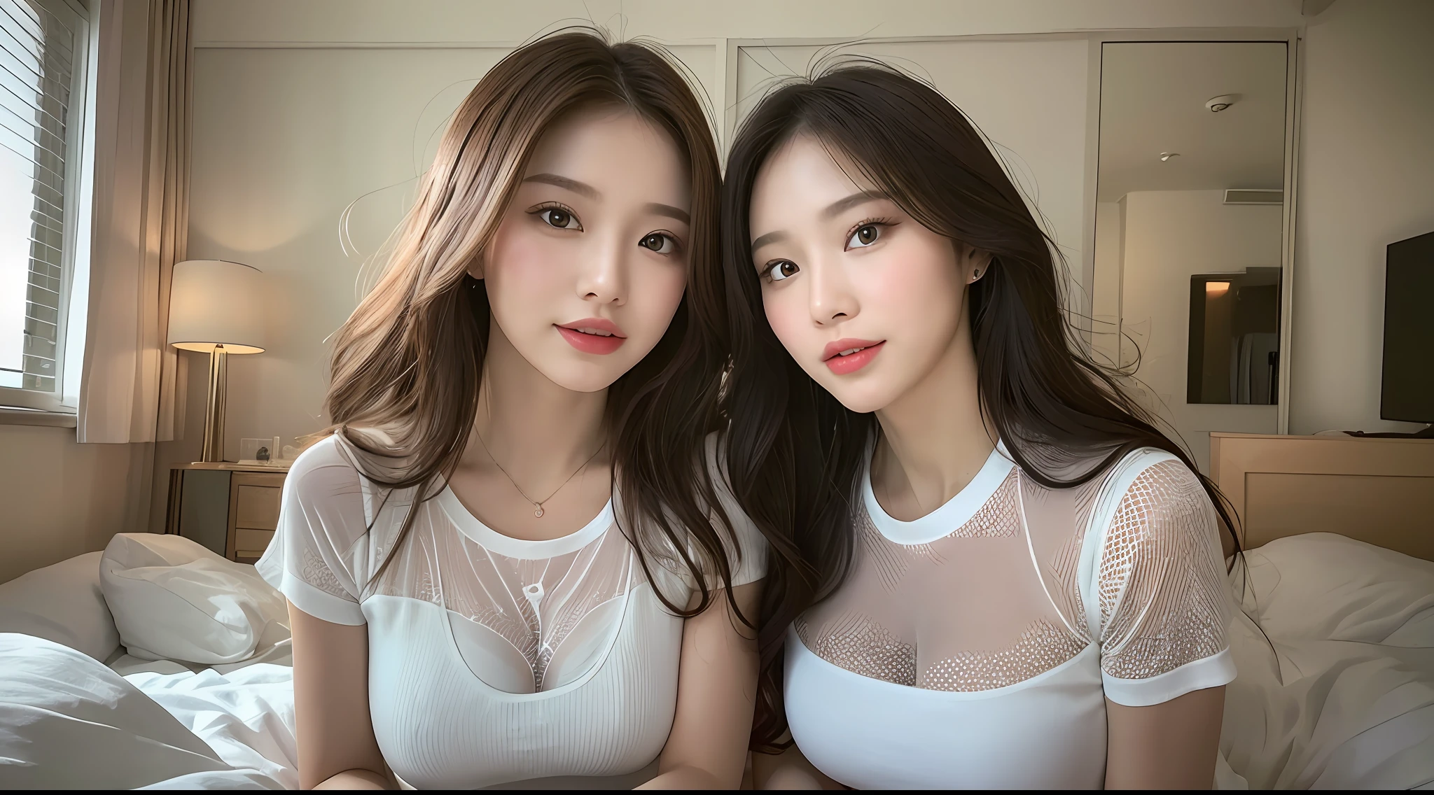 ((Best Quality, 8K, Masterpiece: 1.3)), 2 women kneeling on bed, sticking together, half-body, smile, happy eyes, beautiful woman, (long hair), tight t-shirt, miniskirt, lace, transparent, super detailed face, detailed eyes, double eyelids, interior, bedroom, medium view, sunlight, face light, lip gloss, big breasts