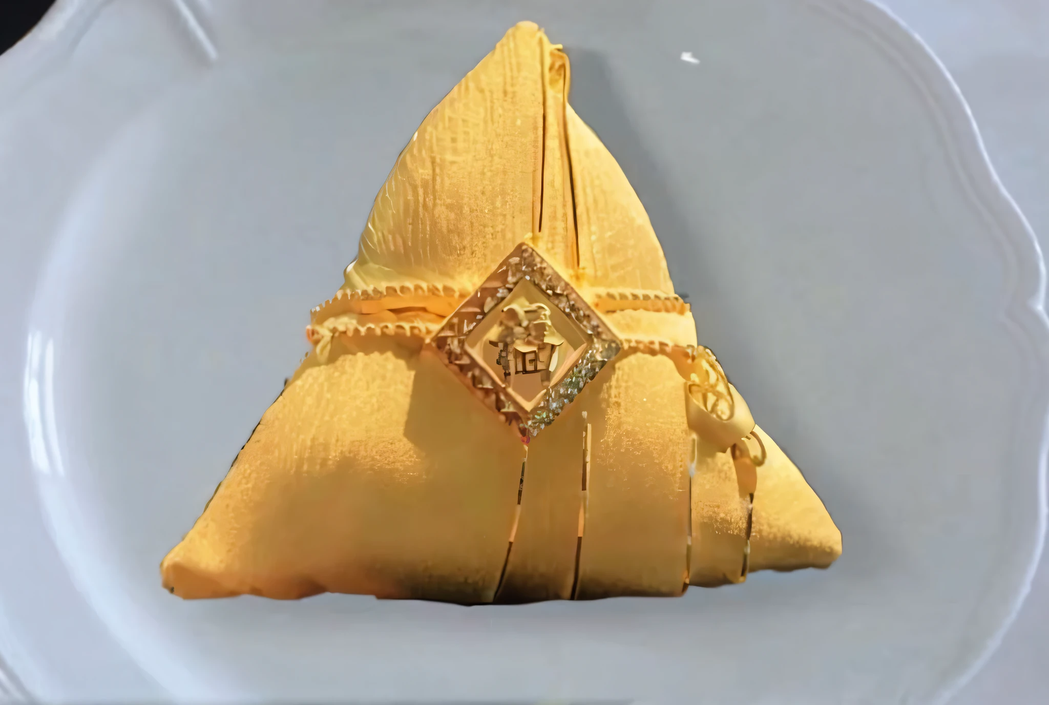 There is a gold napkin set with diamonds, gold cloth, Gemini gold cloth, gold wire, gold pyramid, holding a gold bag, lying on a golden stone, 4 0 9 6, 7 7 7, close-up of the amulet, inspired by Dondy, gilded, 👰 🏇 ❌ 🍃 gold ornament zongzi
