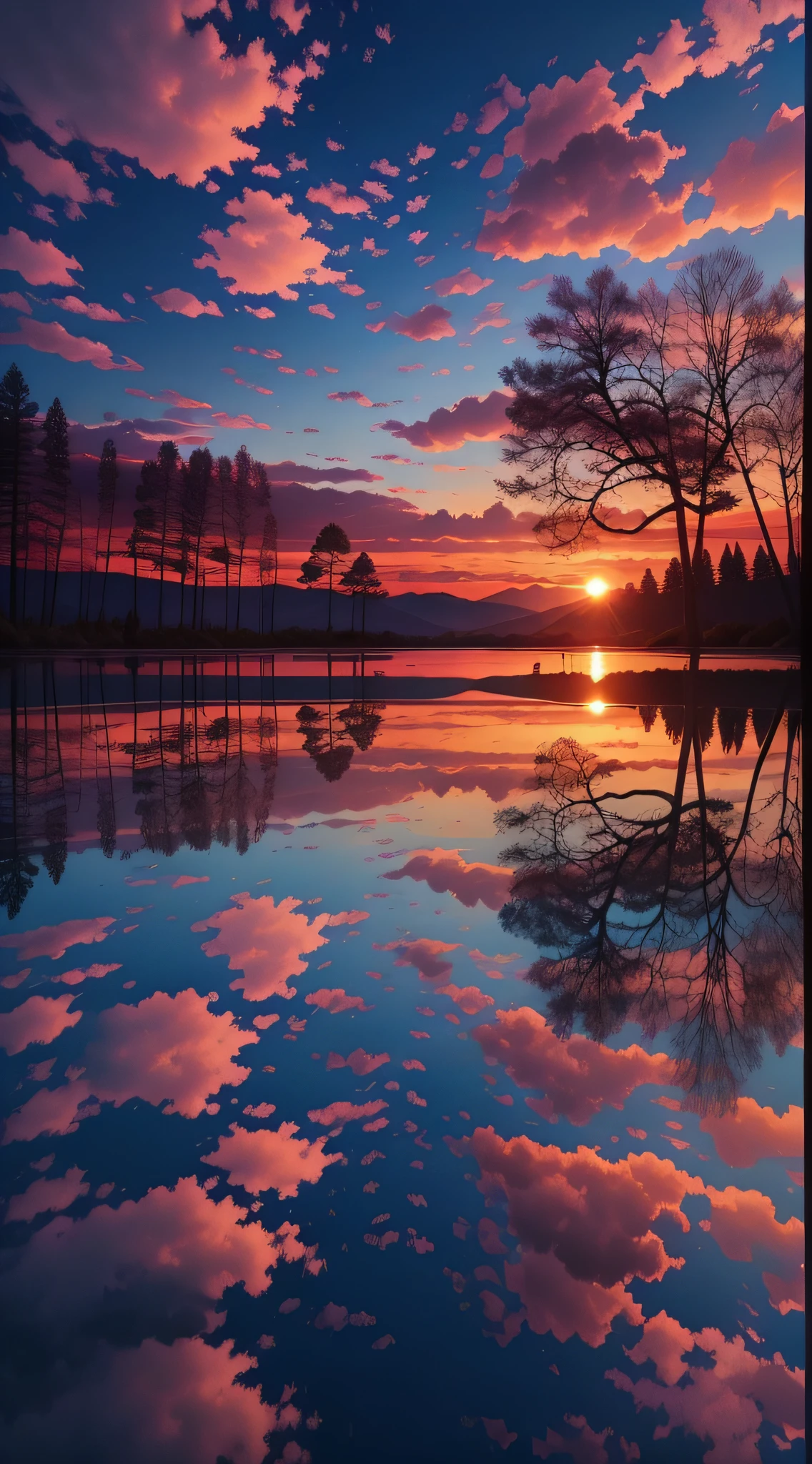 there is a beautiful sunset with a lake and trees in the background, colorful skies, surreal colors, colorful sunset, colorful sky, marvellous reflection of the sky, stunning sky, dream like atmosphere 8k, colorful clouds, colors reflecting on lake, surreal sky, red and blue reflections, fire reflection, beautiful sky, beautiful and spectacular dusk, beautiful dreamy landscape, amazing sky --auto --s2